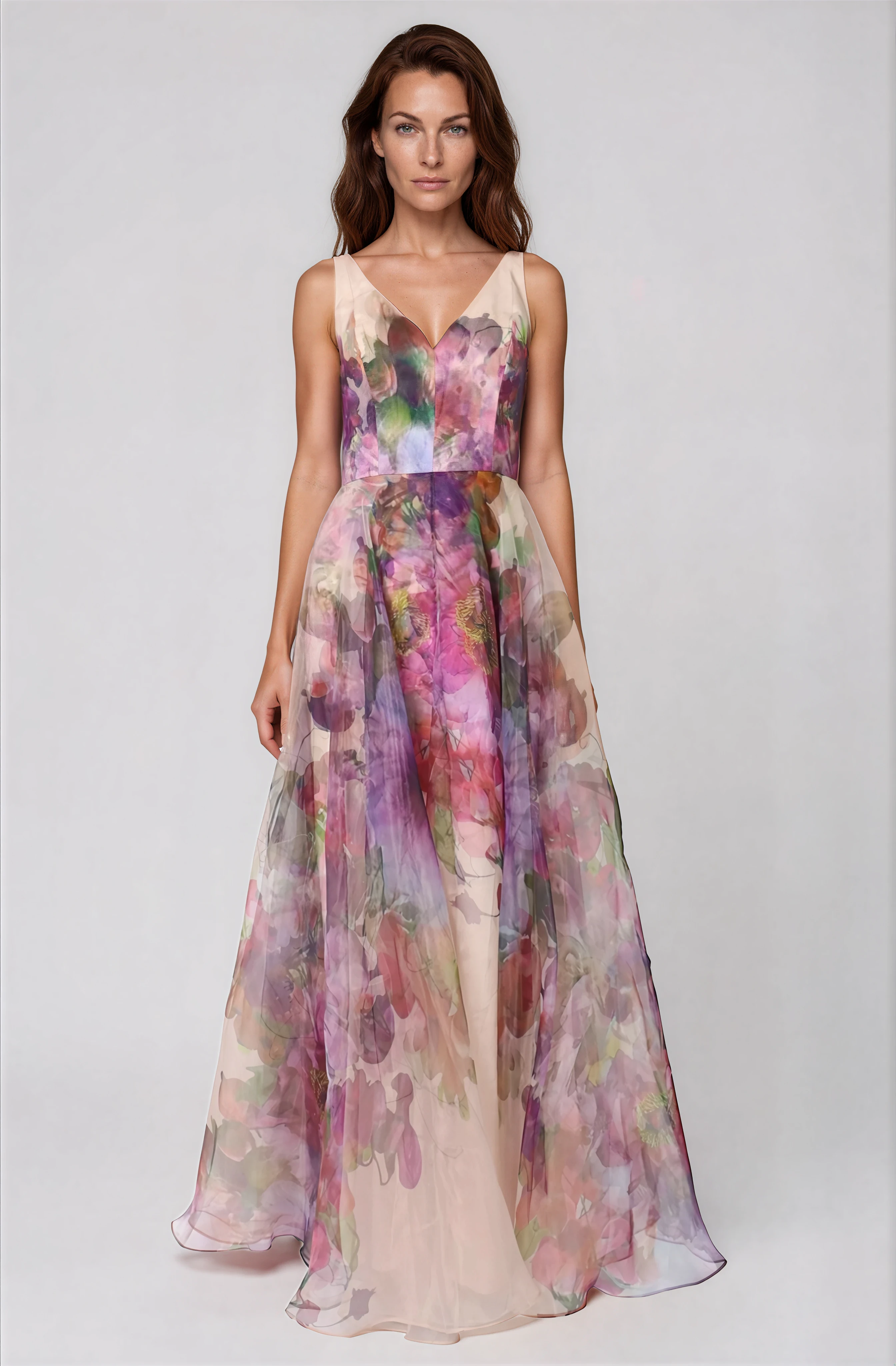 Sleeveless V-Neck Floral Print Organza Gown Gown Rene Ruiz Collection