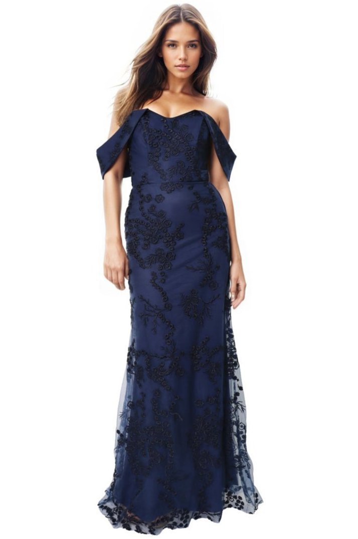Off The Shoulder Floral Embroidered Fit And Flare Gown Gown Rene Ruiz Collection