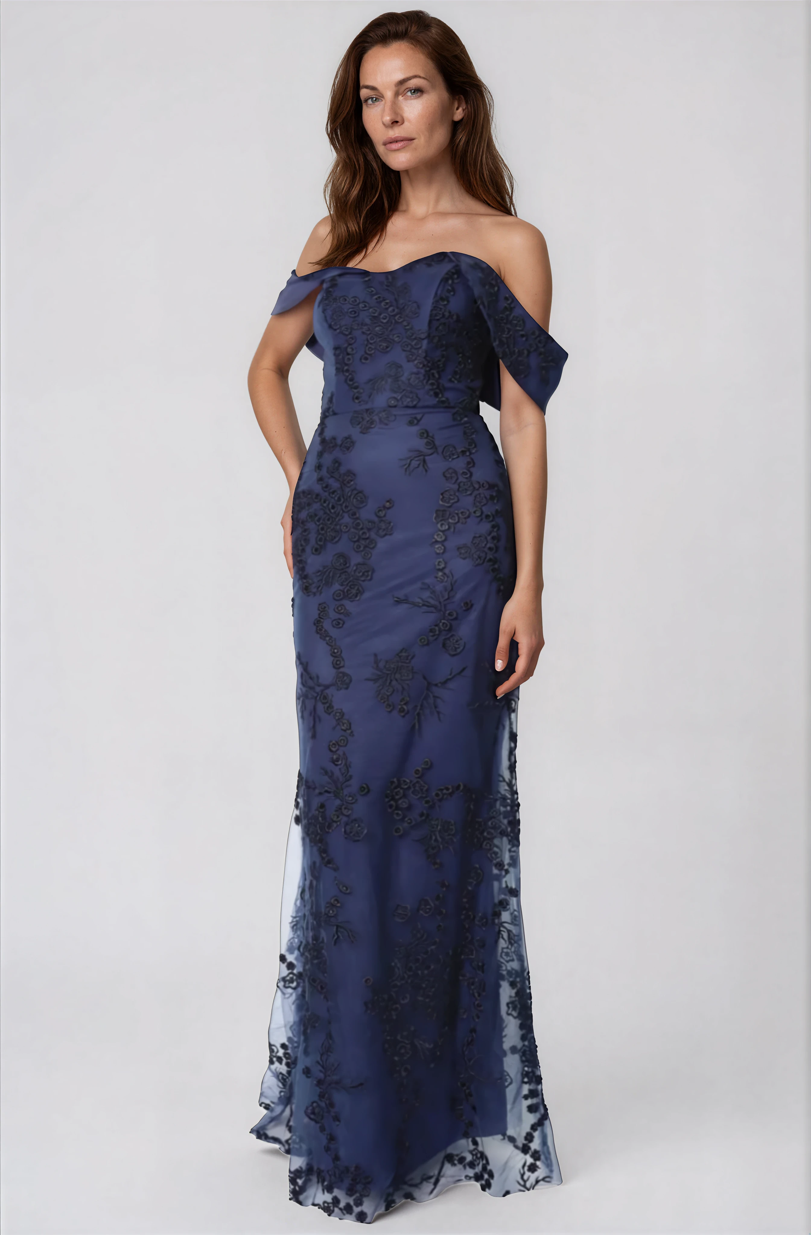 Off The Shoulder Floral Embroidered Fit And Flare Gown Gown Rene Ruiz Collection