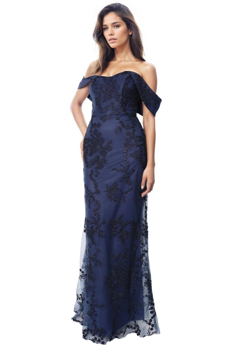 Off The Shoulder Floral Embroidered Fit And Flare Gown Gown Rene Ruiz Collection