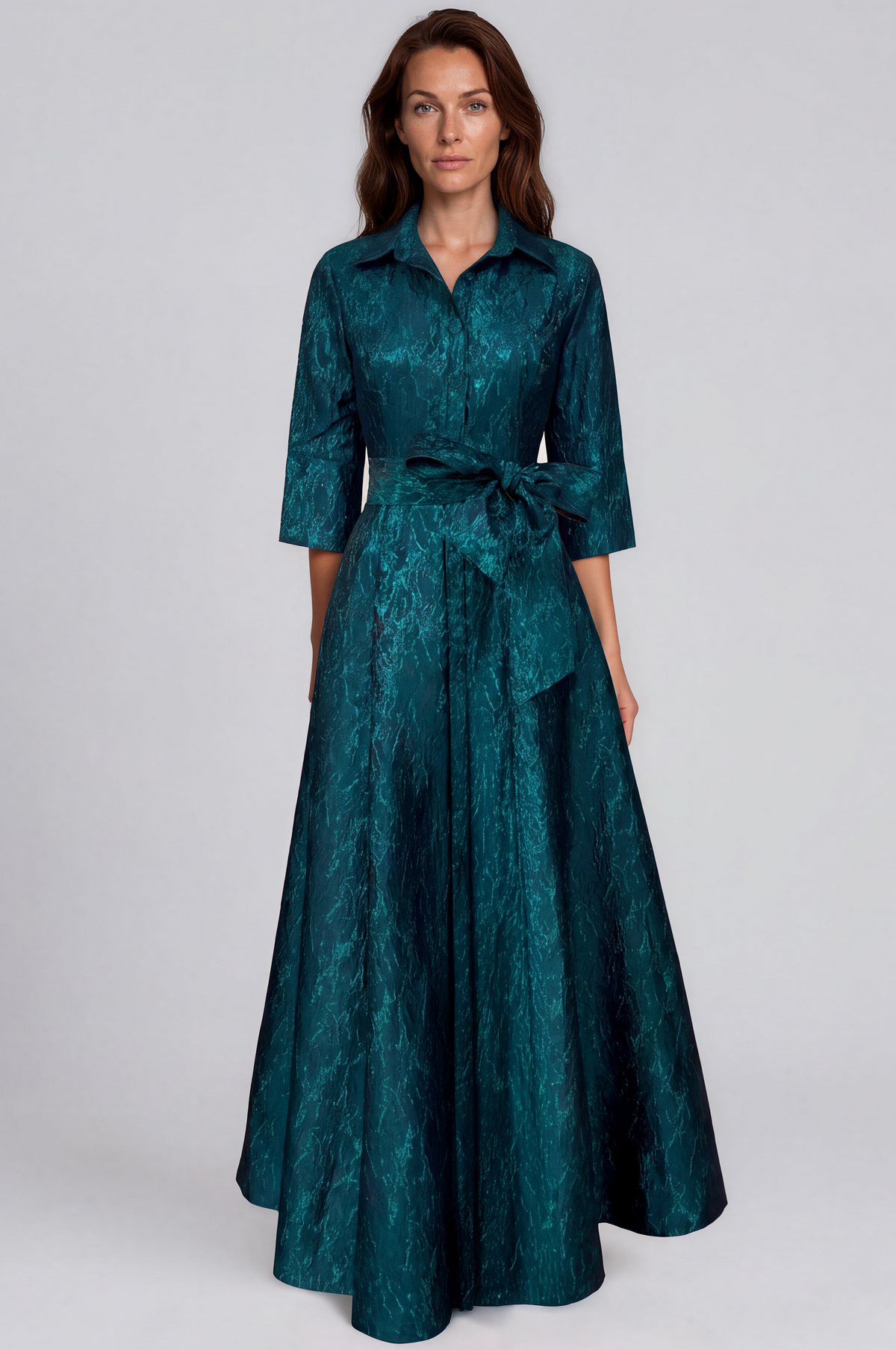 3/4 Sleeve Jacquard A-Line Shirt Gown with Sash Waist