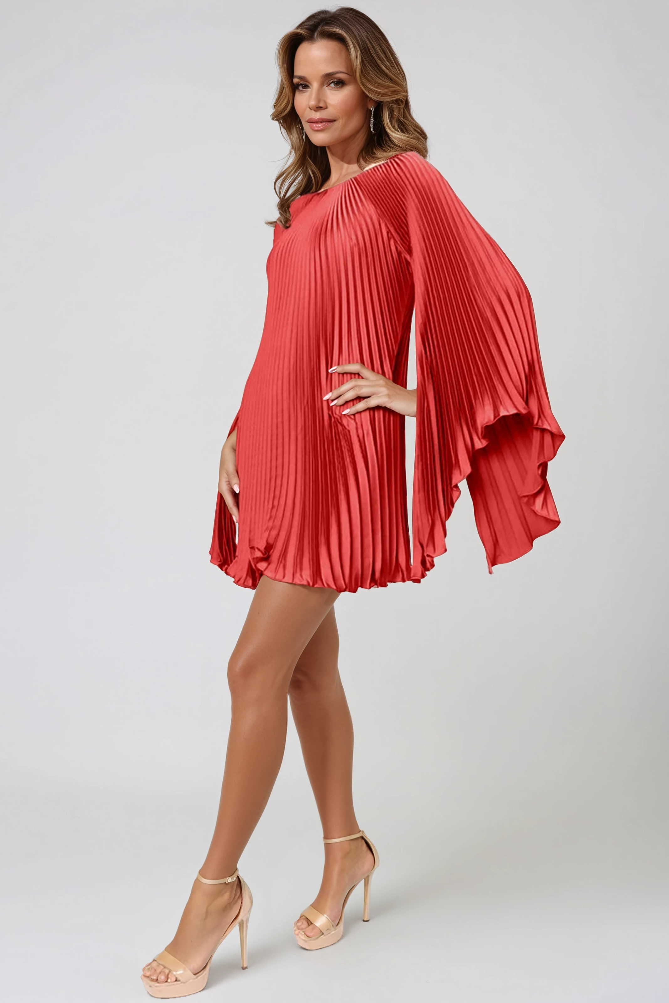 Long Sleeve Pleated Charmeuse Cocktail Cocktail Rene Ruiz Collection