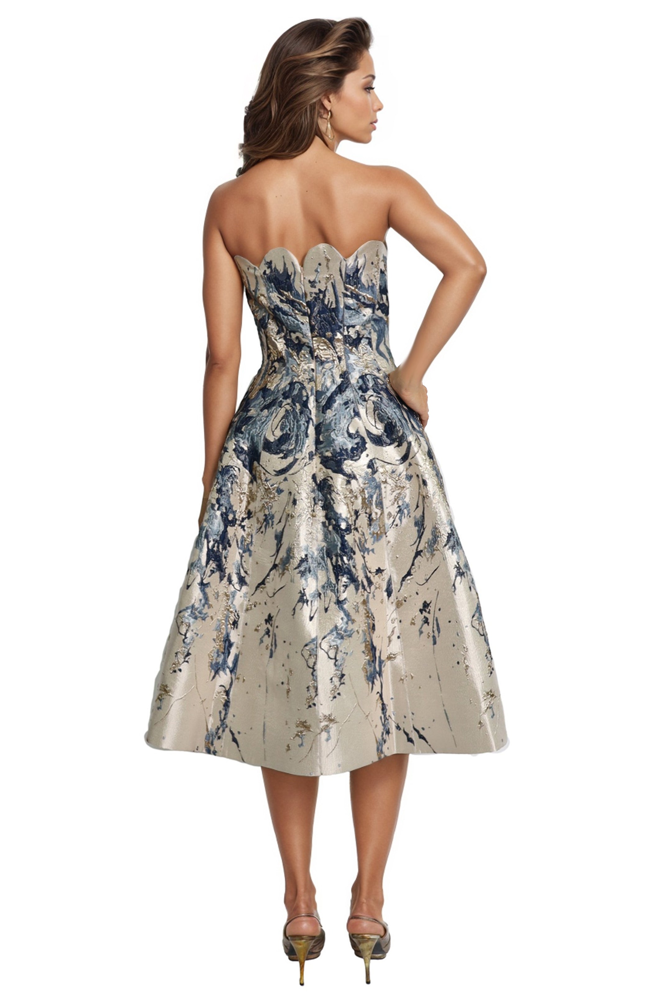 Strapless Scalloped Brocade Cocktail Midi Cocktail Rene Ruiz Collection