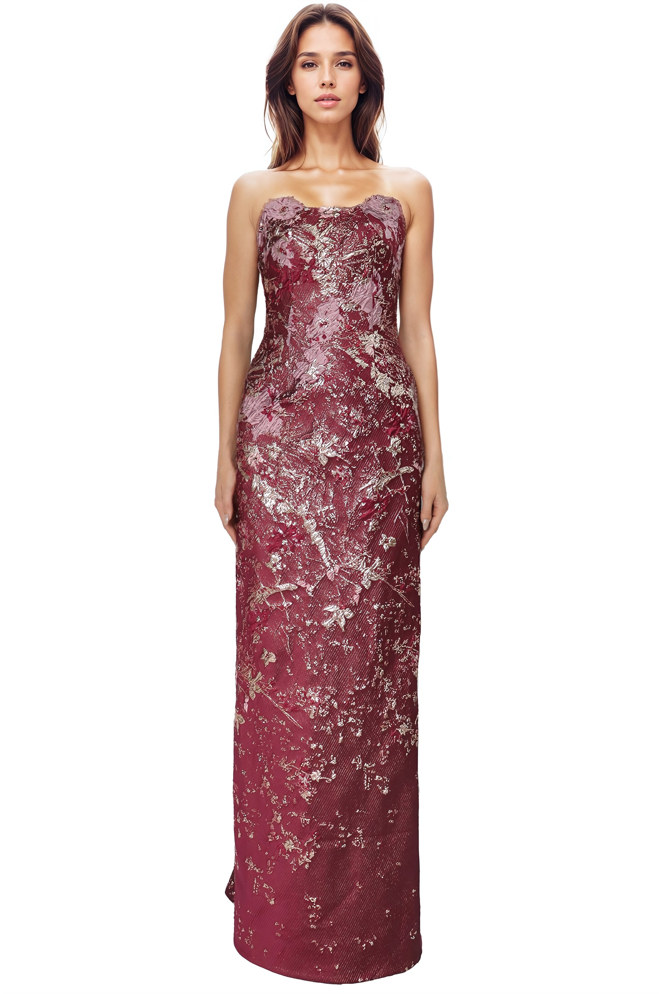 Strapless Floral Brocade Column With Floral Appliques Gown Rene Ruiz Collection