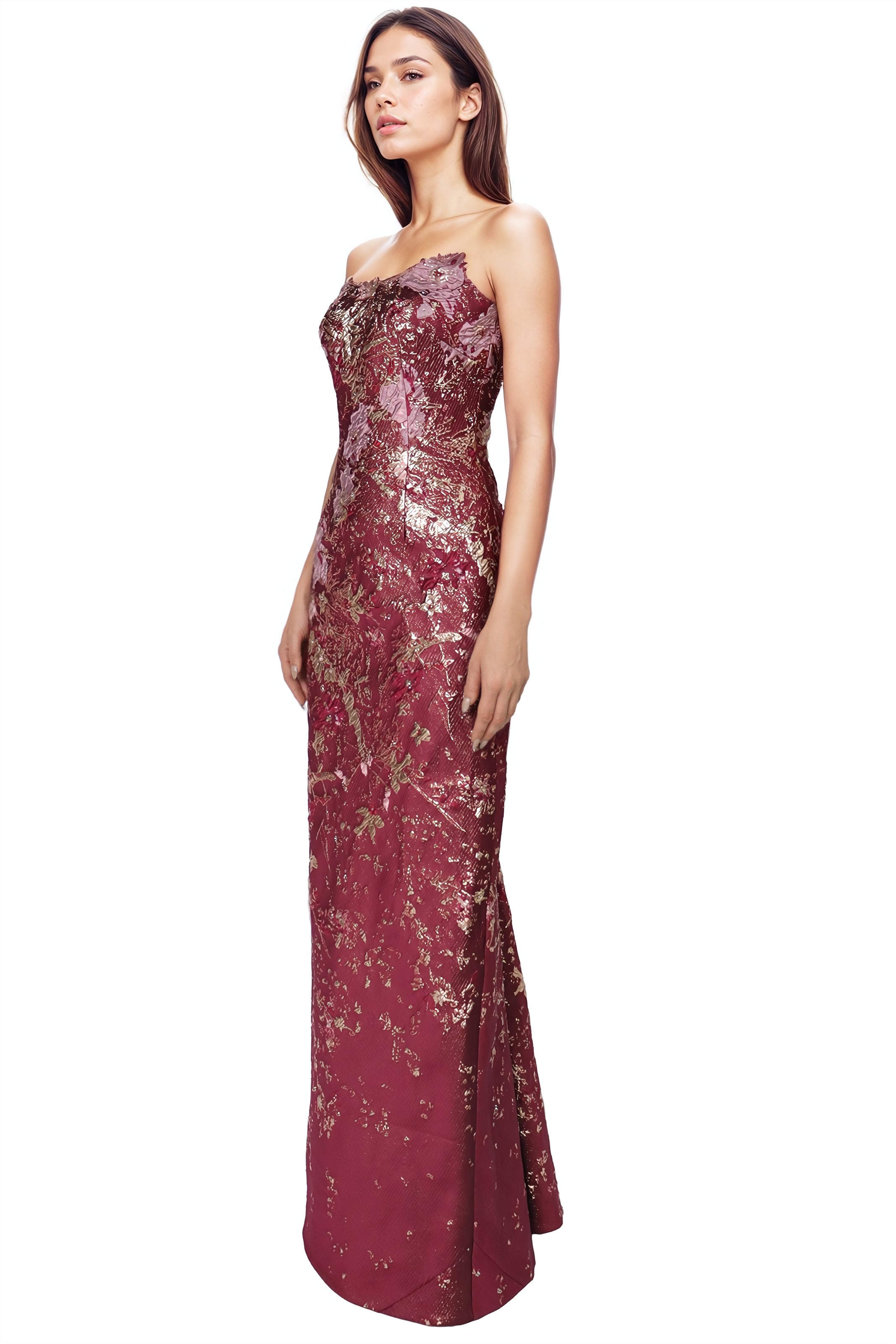 Strapless Floral Brocade Column With Floral Appliques Gown Rene Ruiz Collection