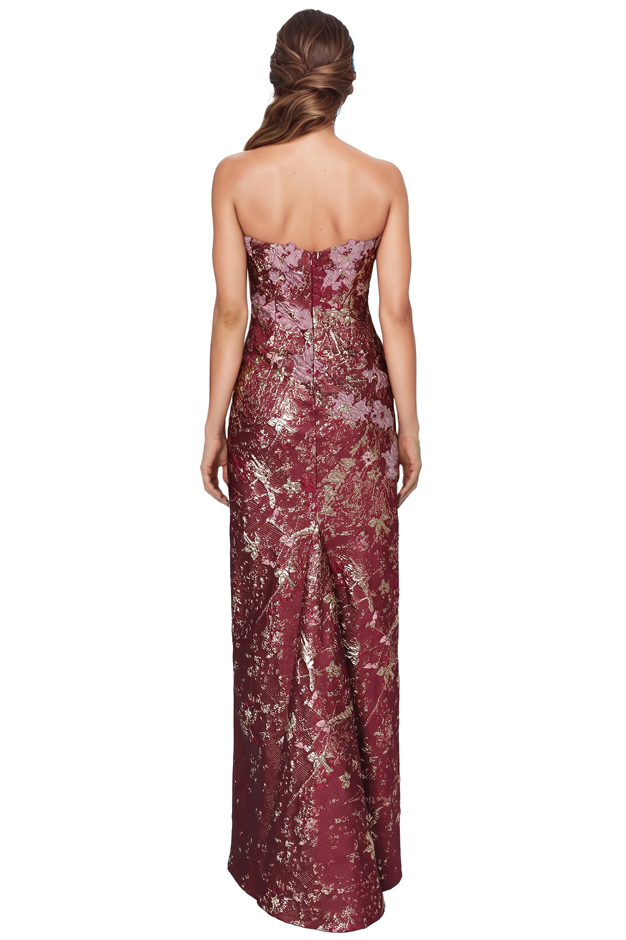Strapless Floral Brocade Column With Floral Appliques Gown Rene Ruiz Collection