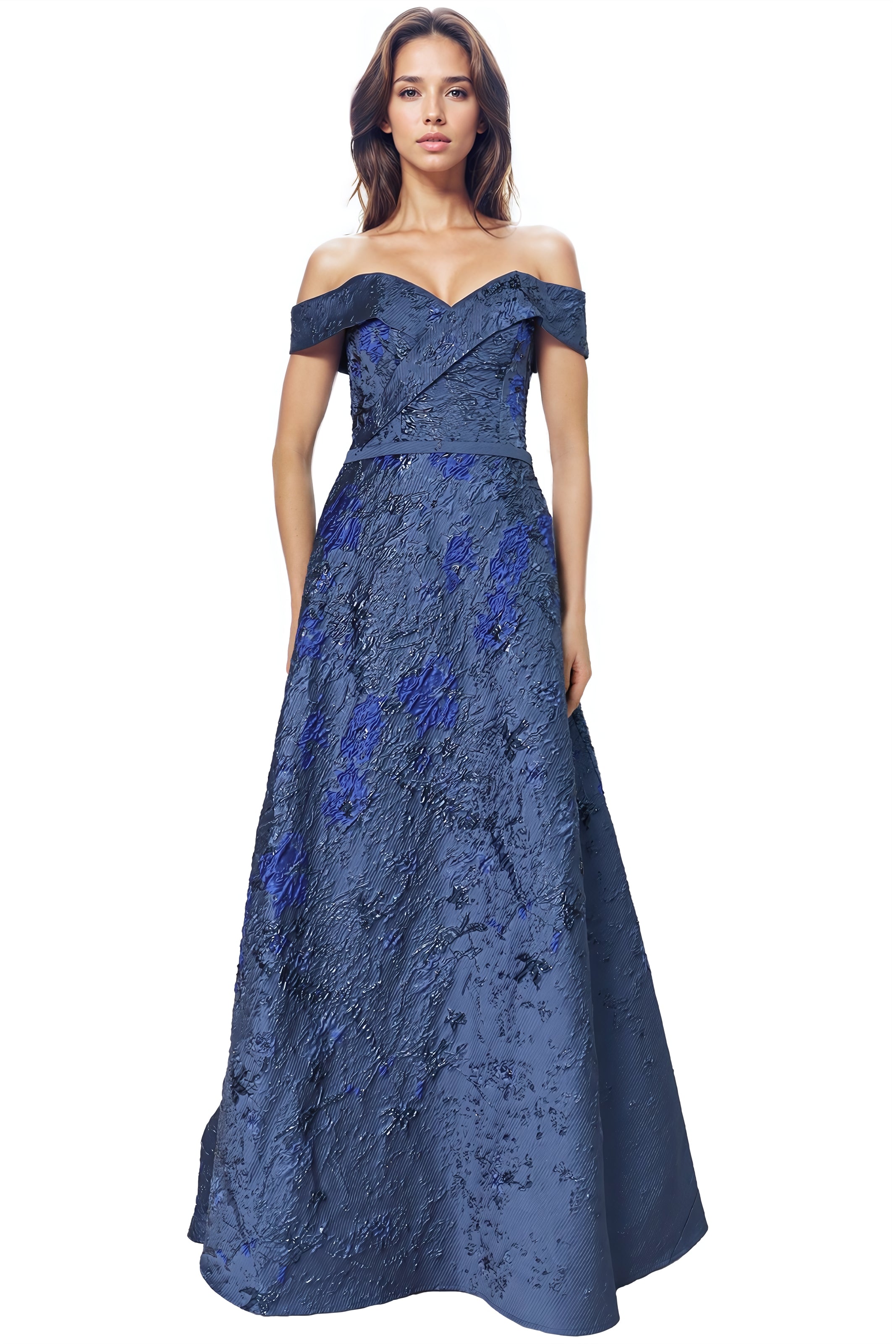 Off The Shoulder A-Line Brocade Gown Gown Rene Ruiz Collection