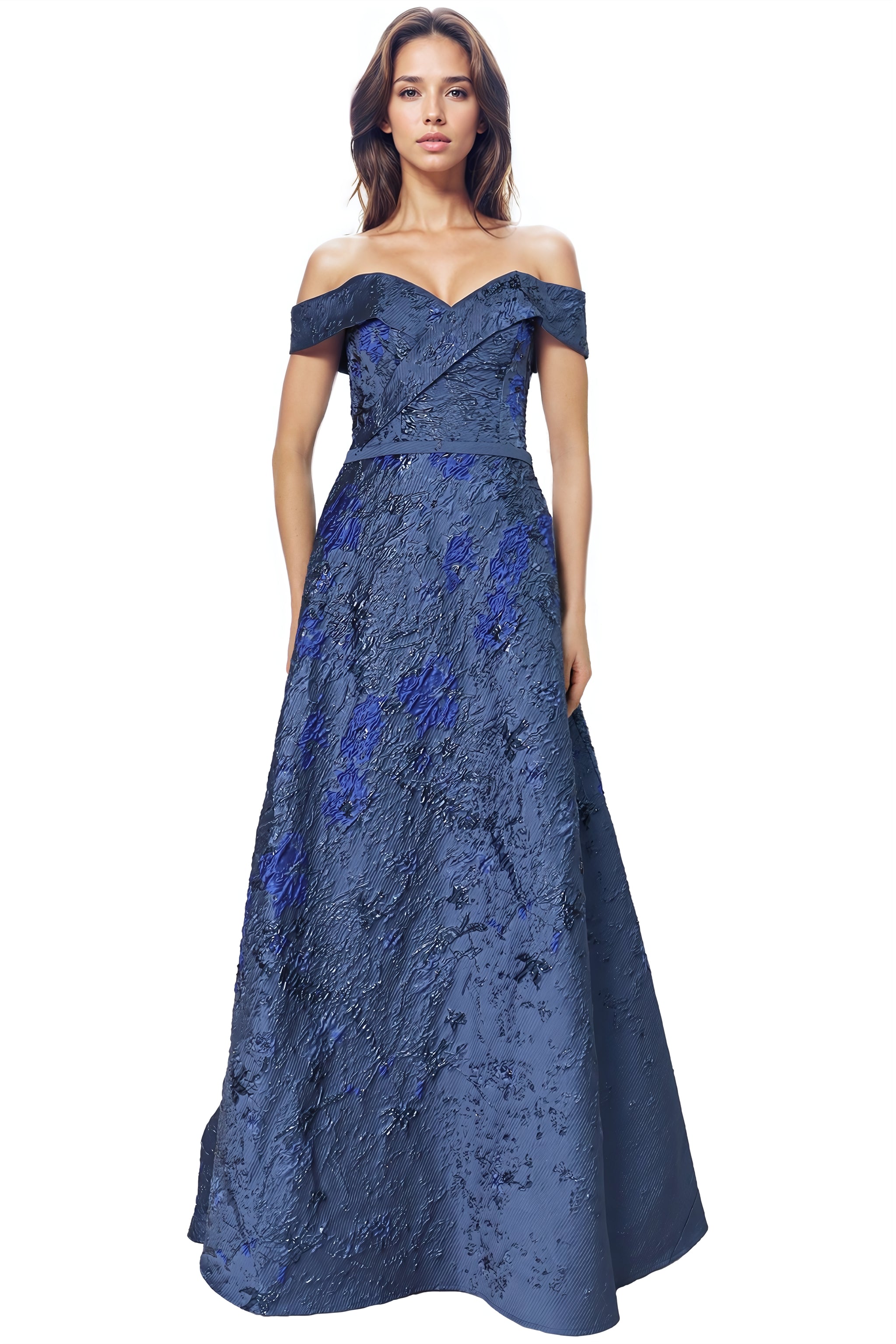Floral Brocade Off Shoulder Gown