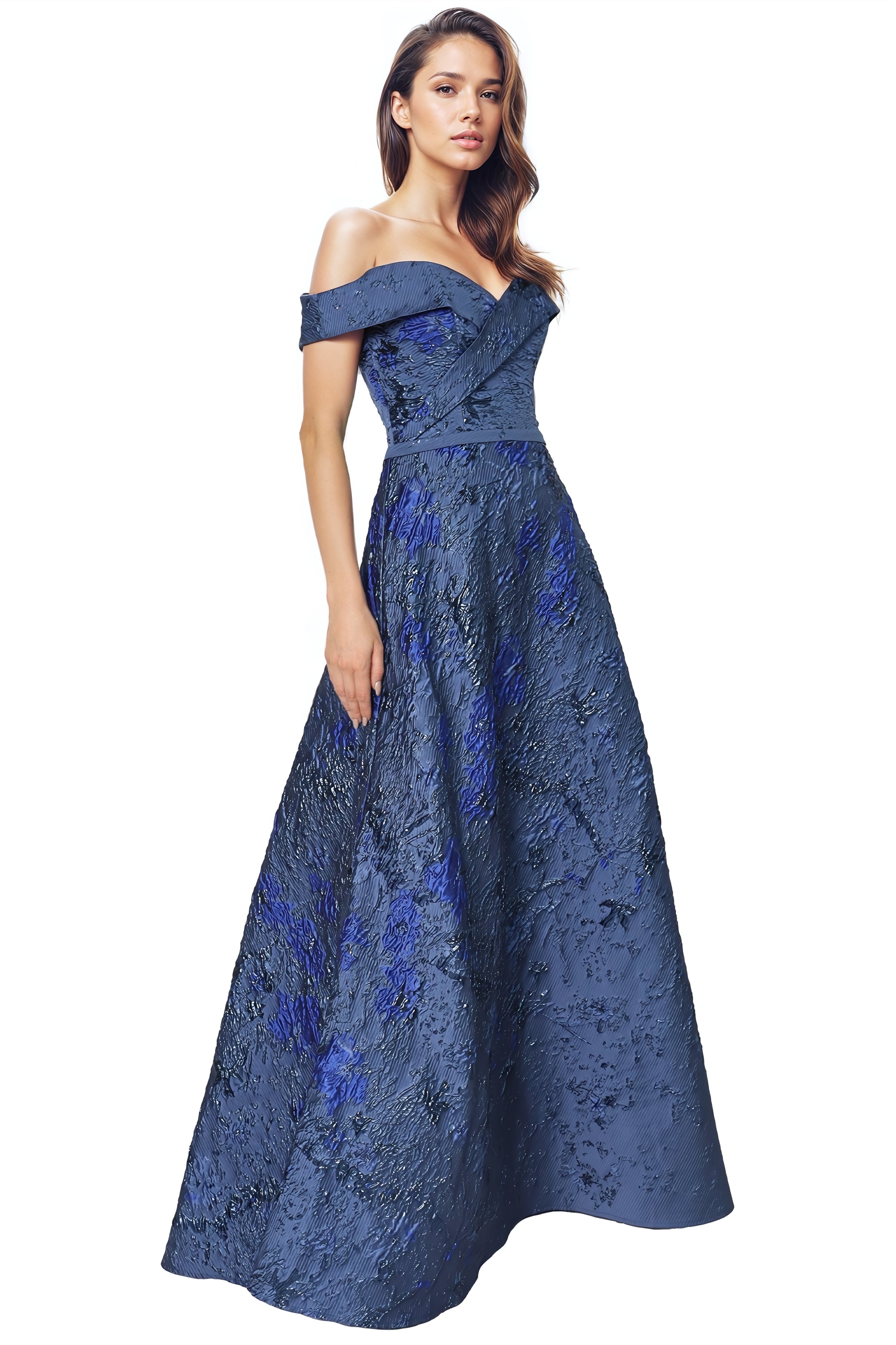 Off The Shoulder A-Line Brocade Gown Gown Rene Ruiz Collection