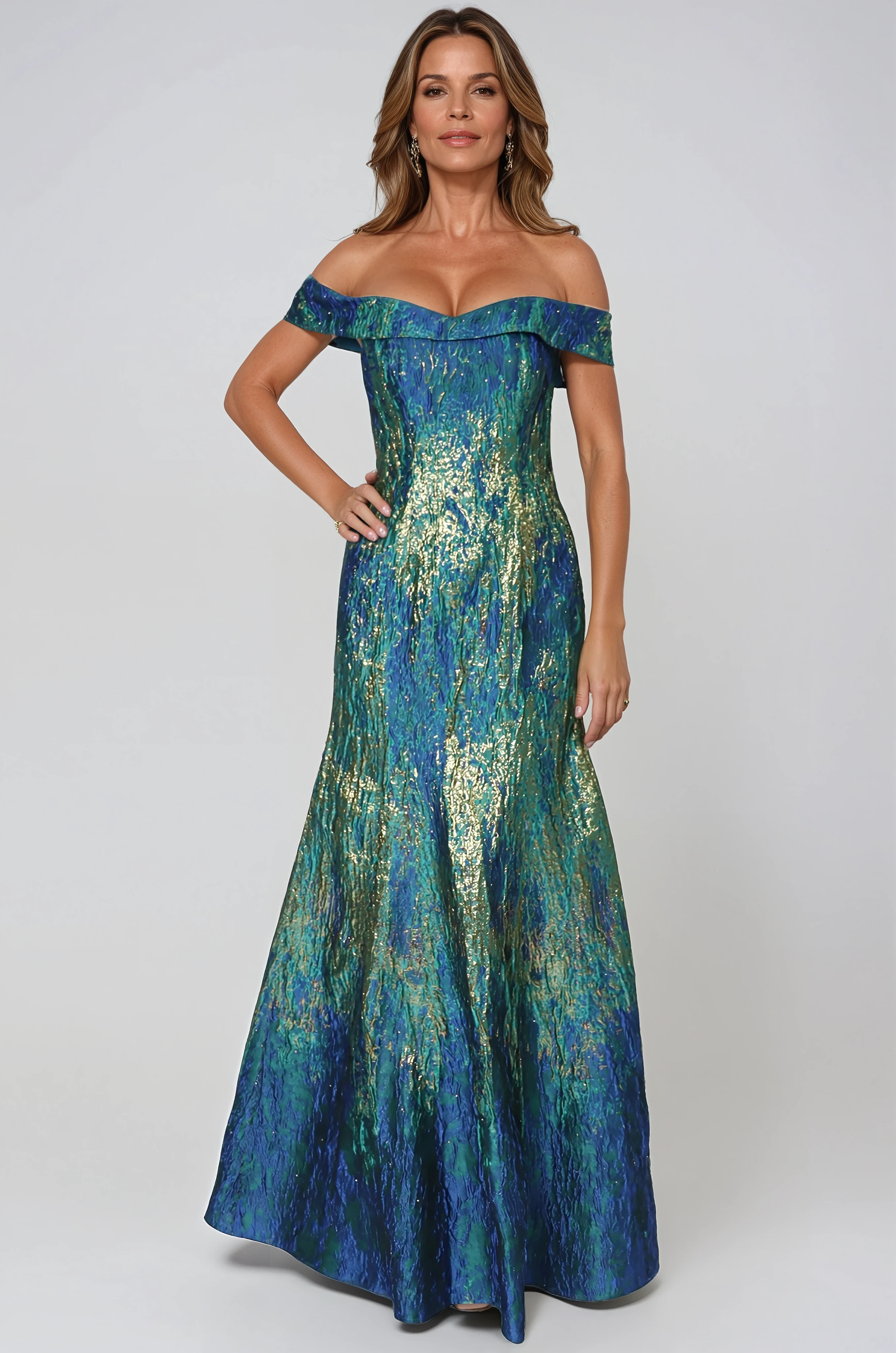 Off The Shoulder Brocade Fit and Flare Gown Rene Ruiz Collection