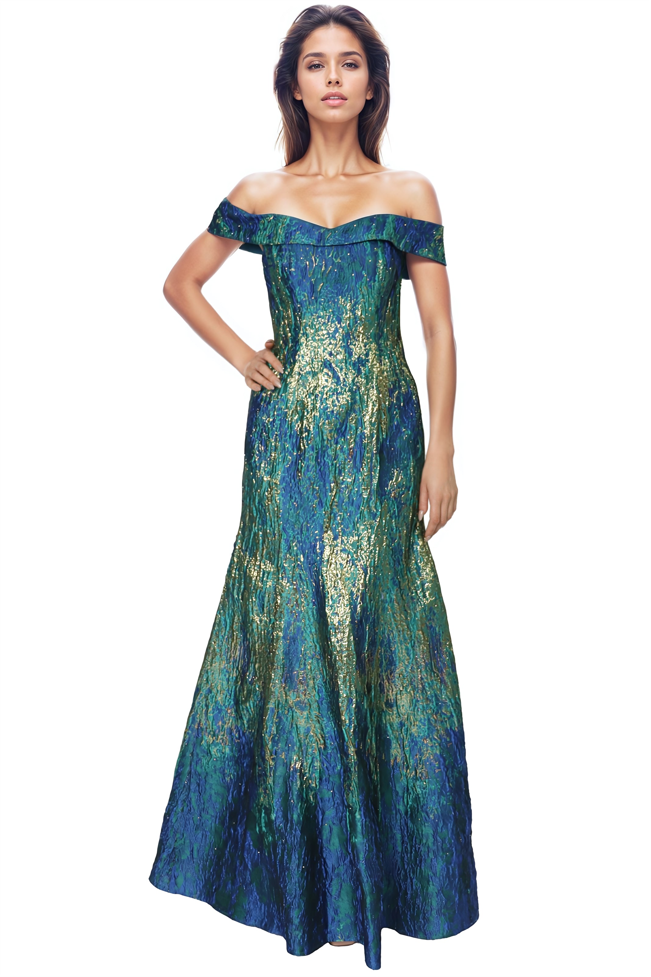 Off The Shoulder Brocade Fit and Flare Gown Rene Ruiz Collection