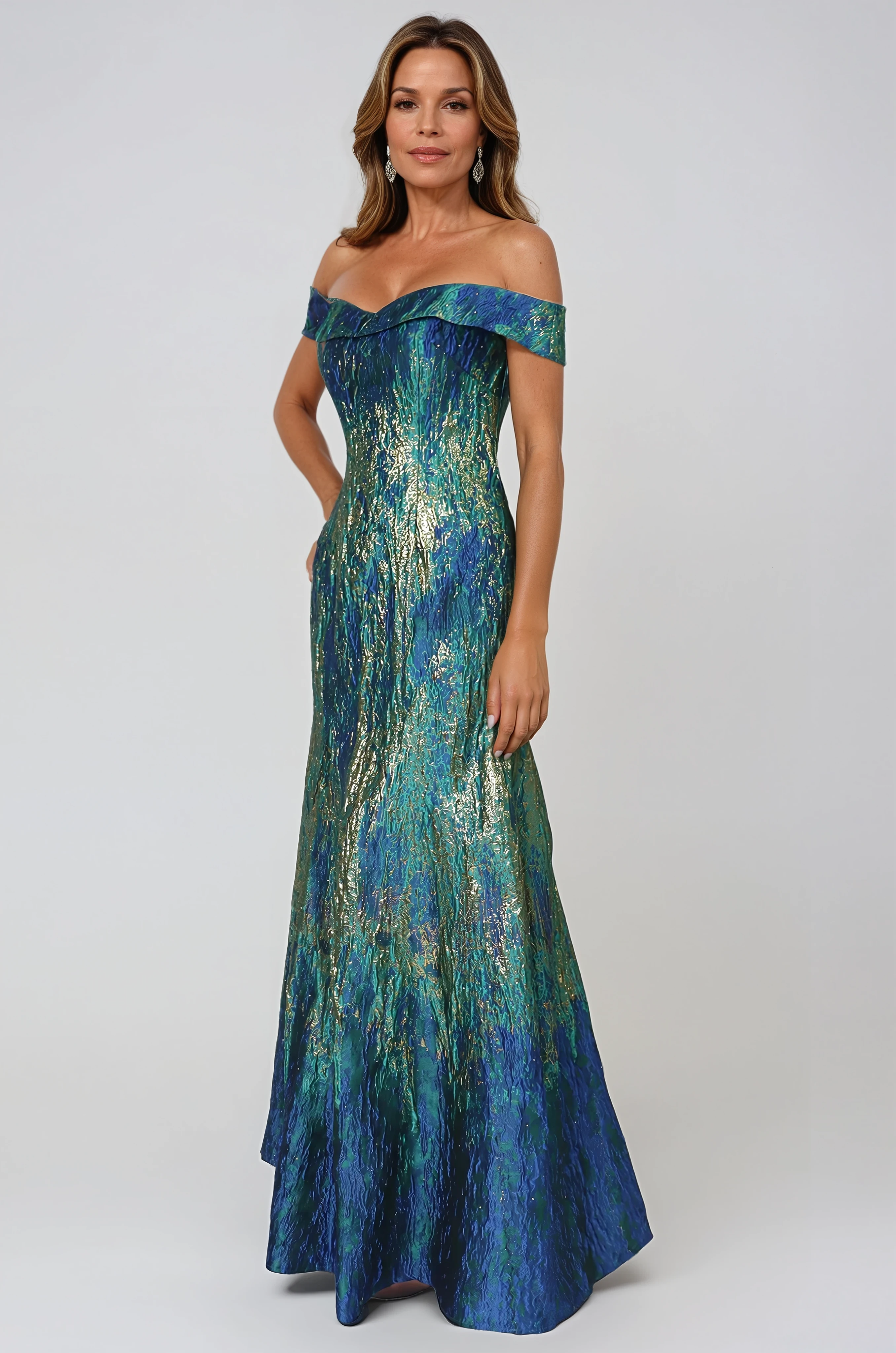 Off The Shoulder Brocade Fit and Flare Gown Rene Ruiz Collection