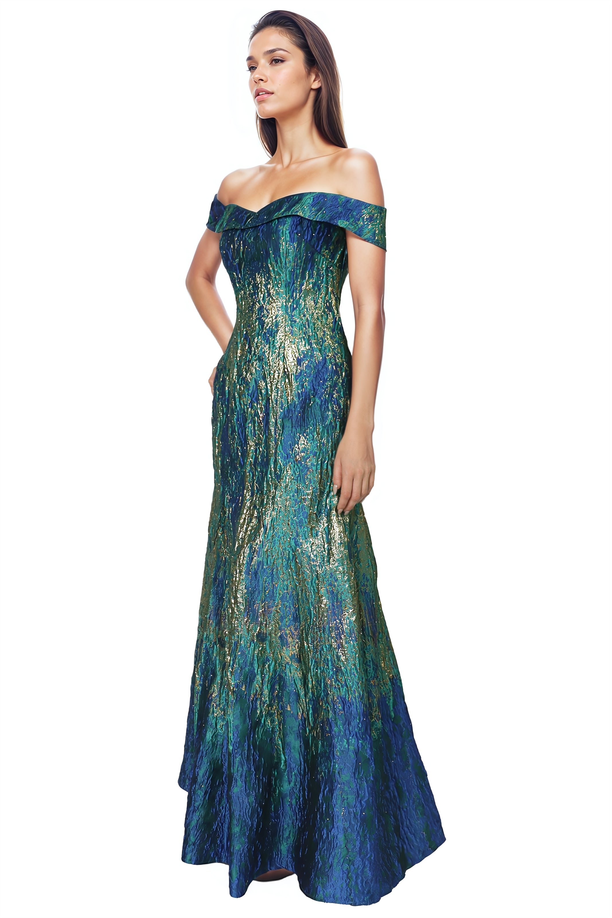 Off The Shoulder Brocade Fit and Flare Gown Rene Ruiz Collection