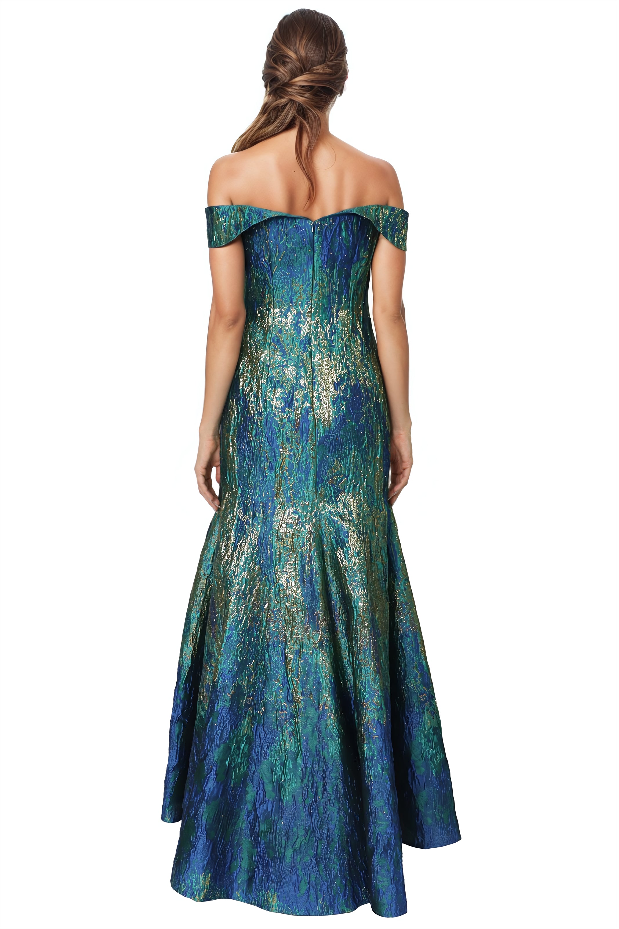 Off The Shoulder Brocade Fit and Flare Gown Rene Ruiz Collection