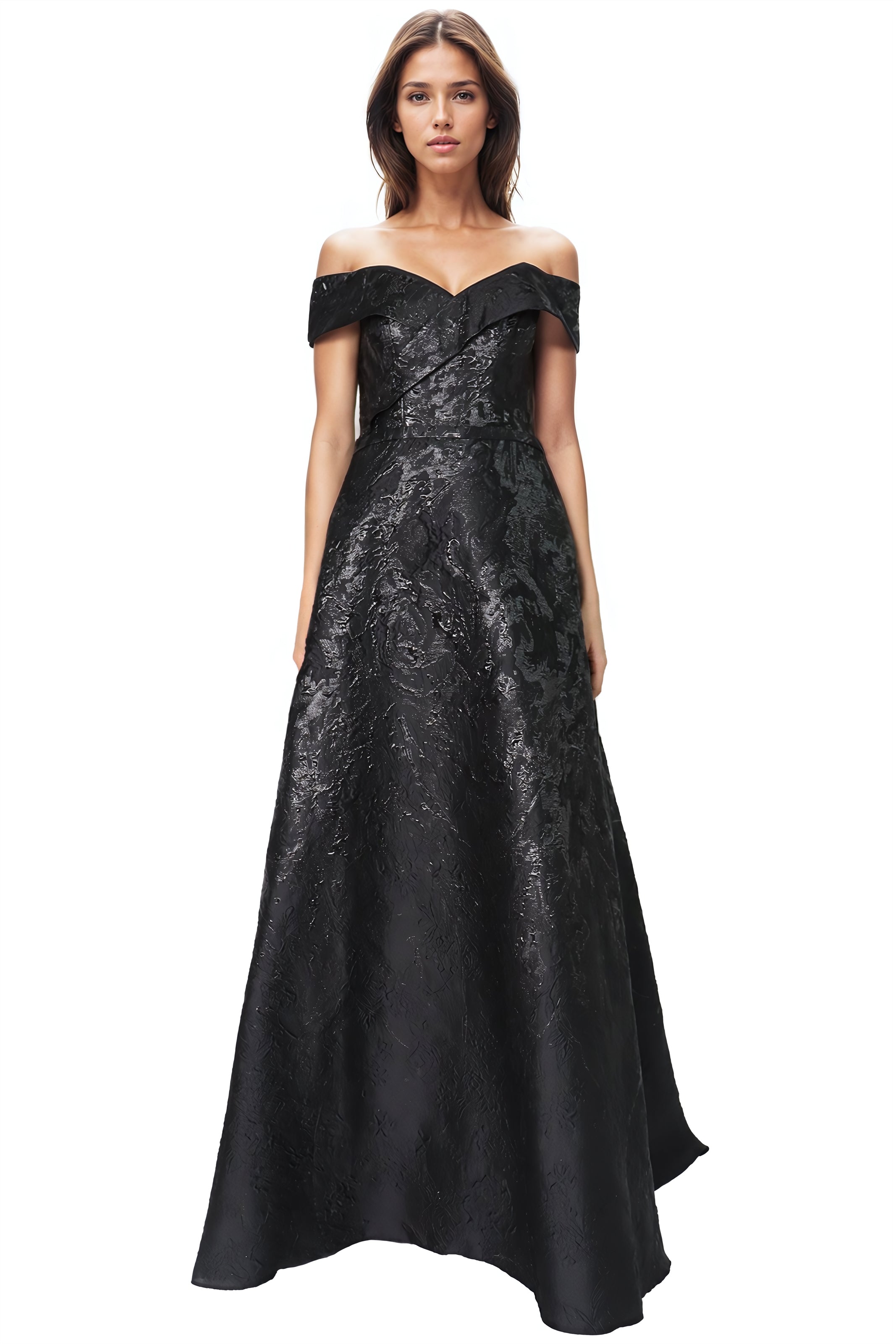 Off The Shoulder A-Line Brocade Gown Gown Rene Ruiz Collection