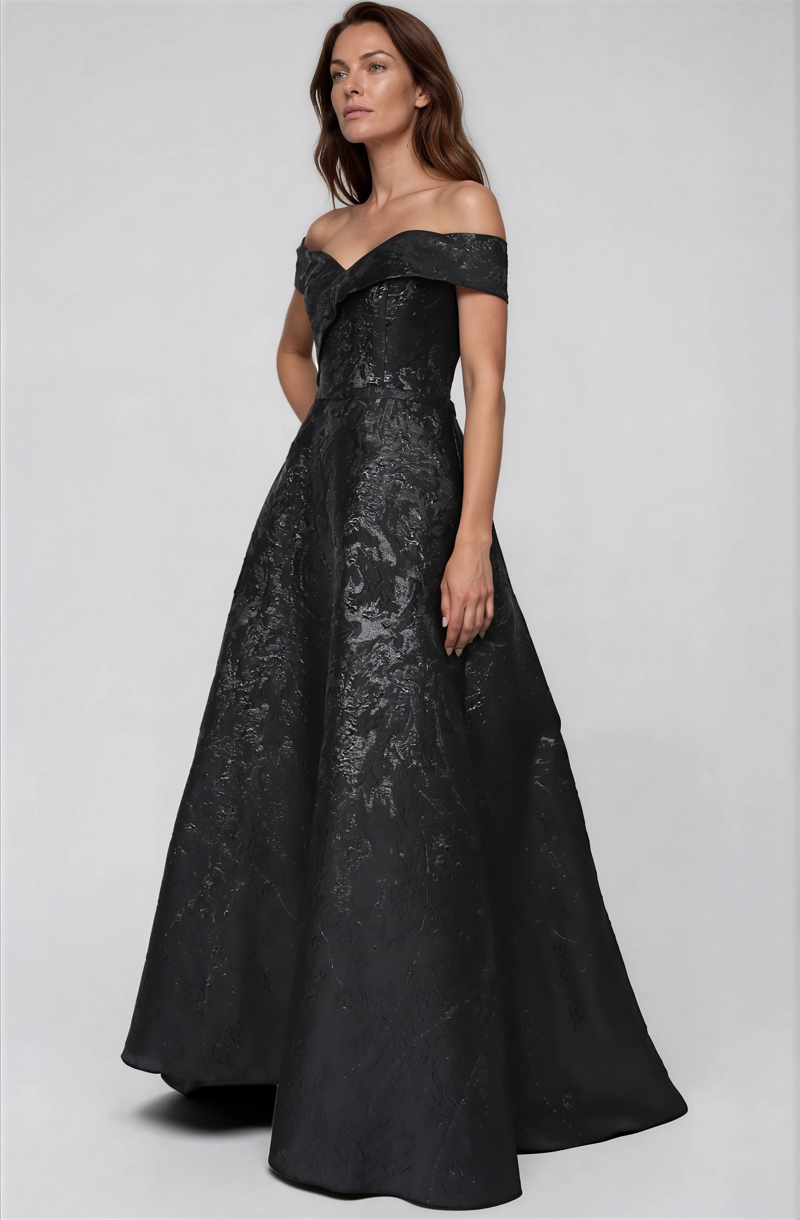 Off The Shoulder A-Line Brocade Gown Gown Rene Ruiz Collection