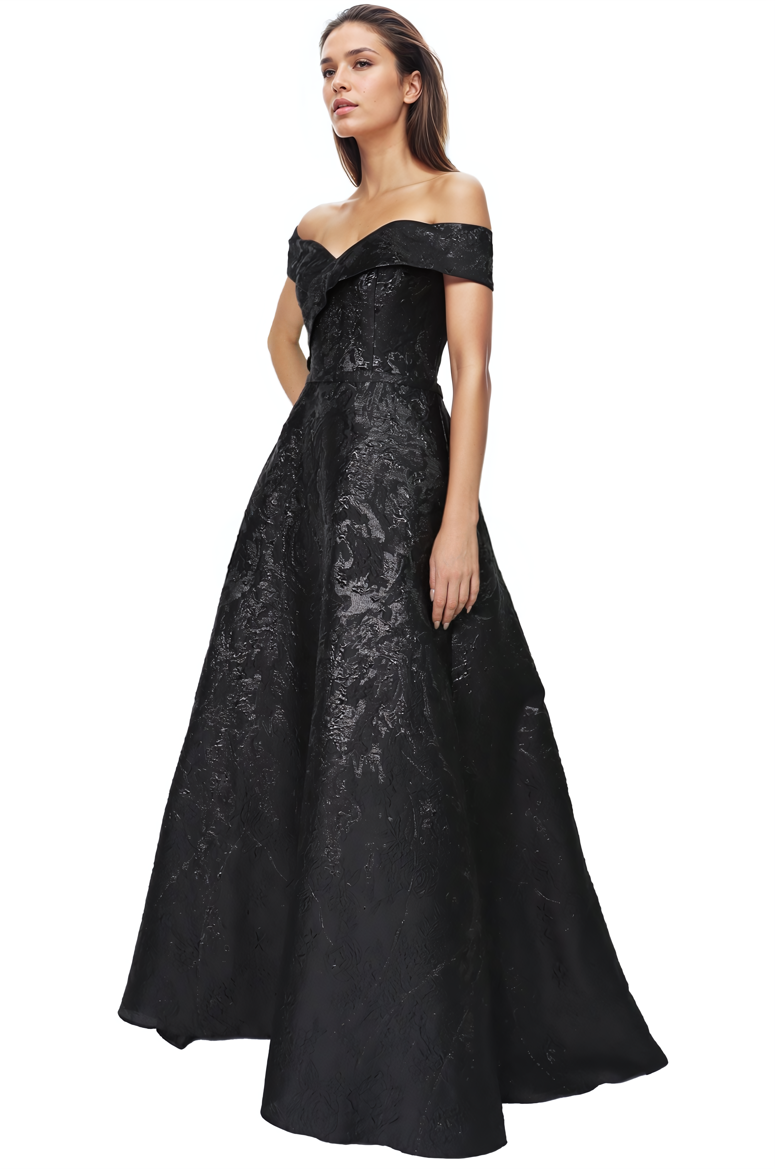 Off The Shoulder A-Line Brocade Gown Gown Rene Ruiz Collection