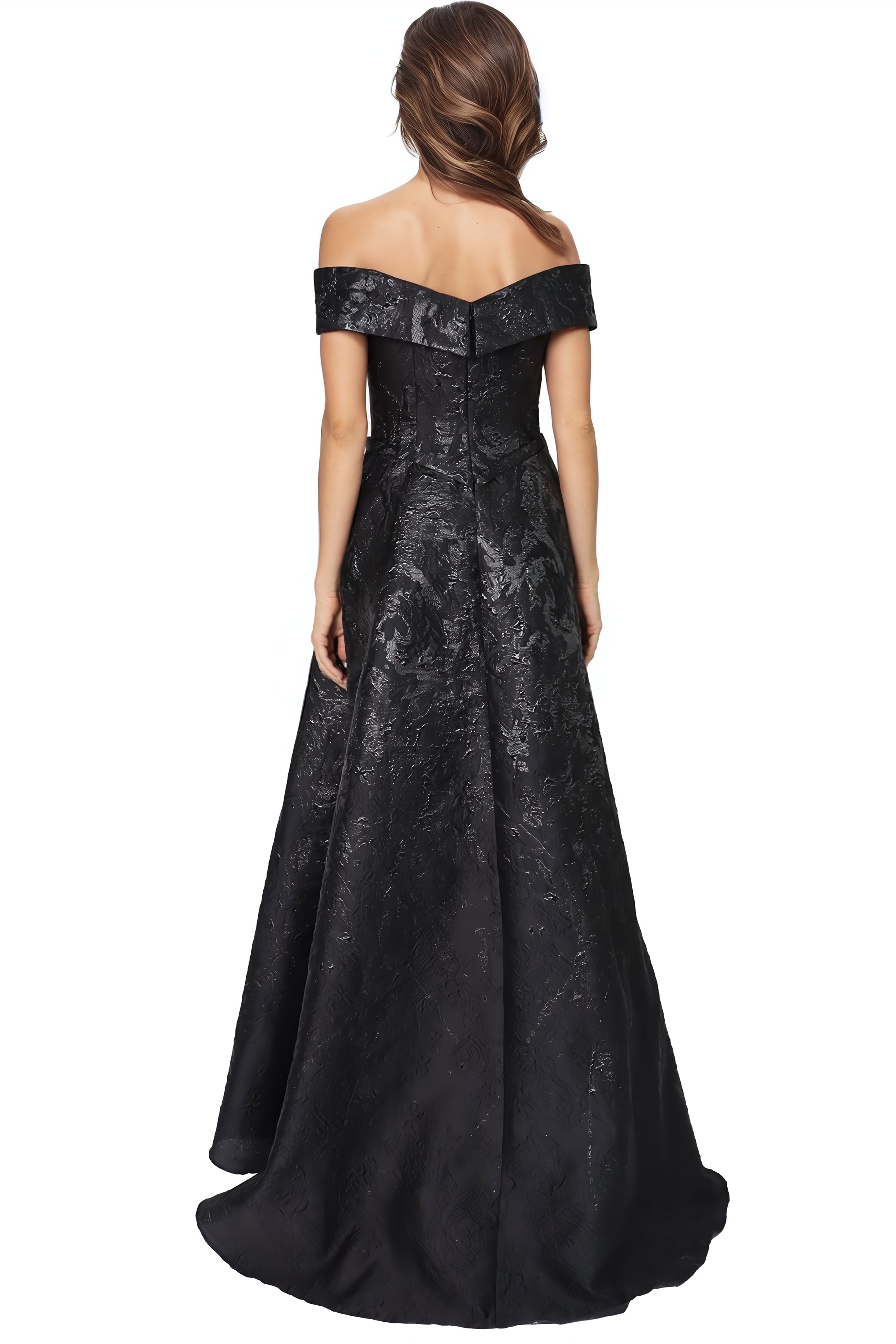 Off The Shoulder A-Line Brocade Gown Gown Rene Ruiz Collection