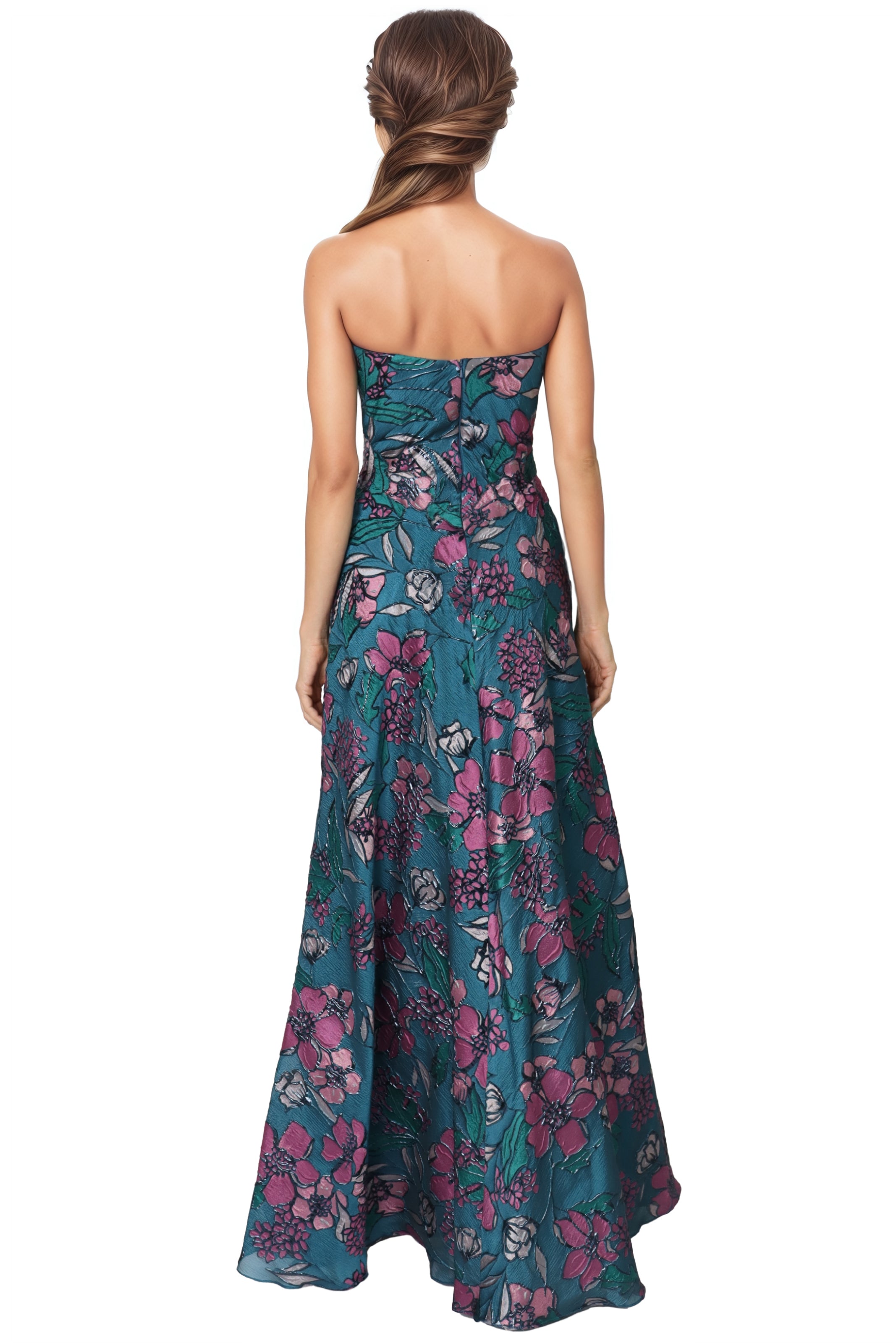 Strapless Floral Brocade A-Line Gown With Floral Appliques Gown Rene Ruiz Collection