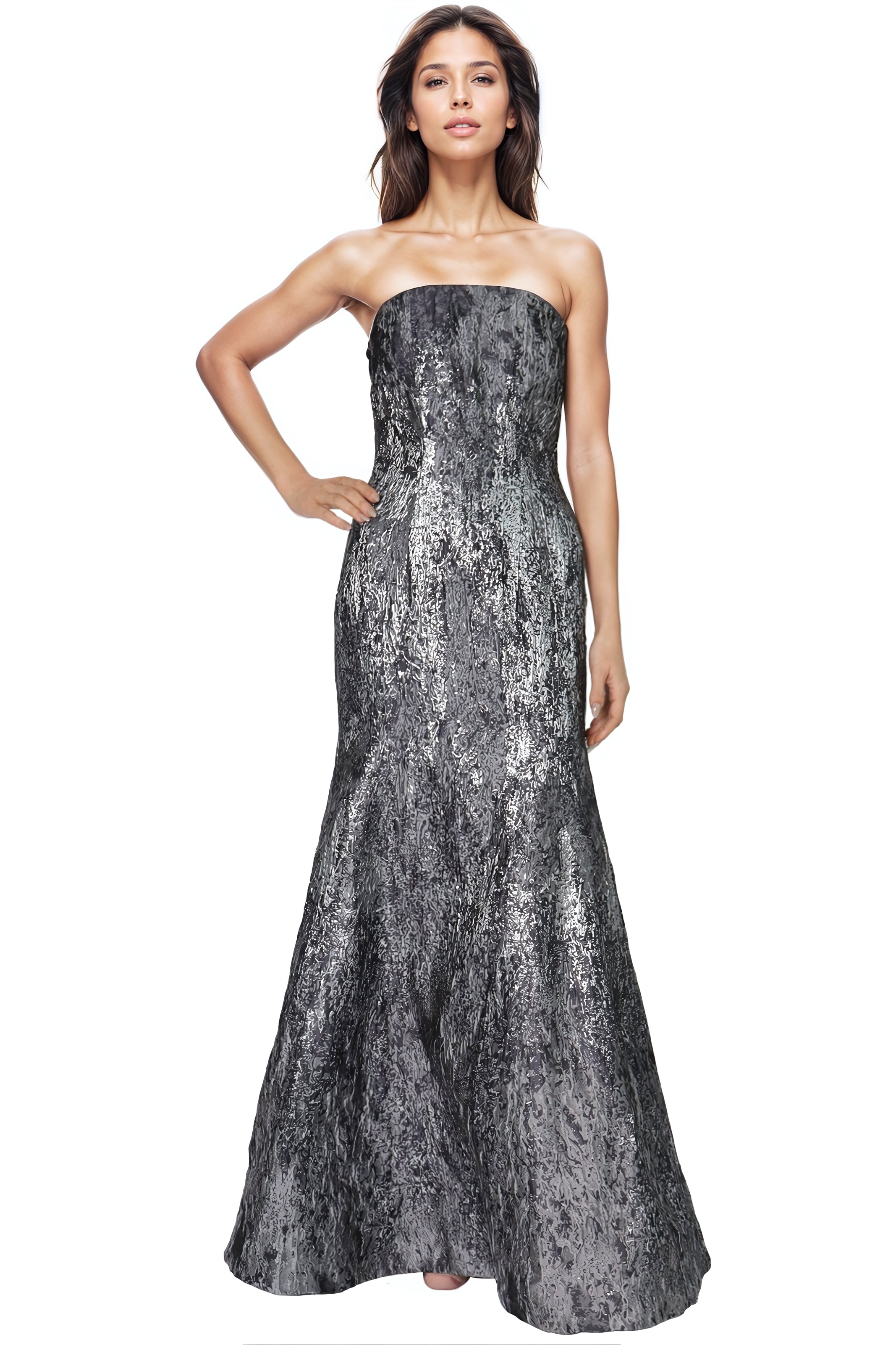 Strapless Fit And Flare Brocade Gown Gown Rene Ruiz Collection