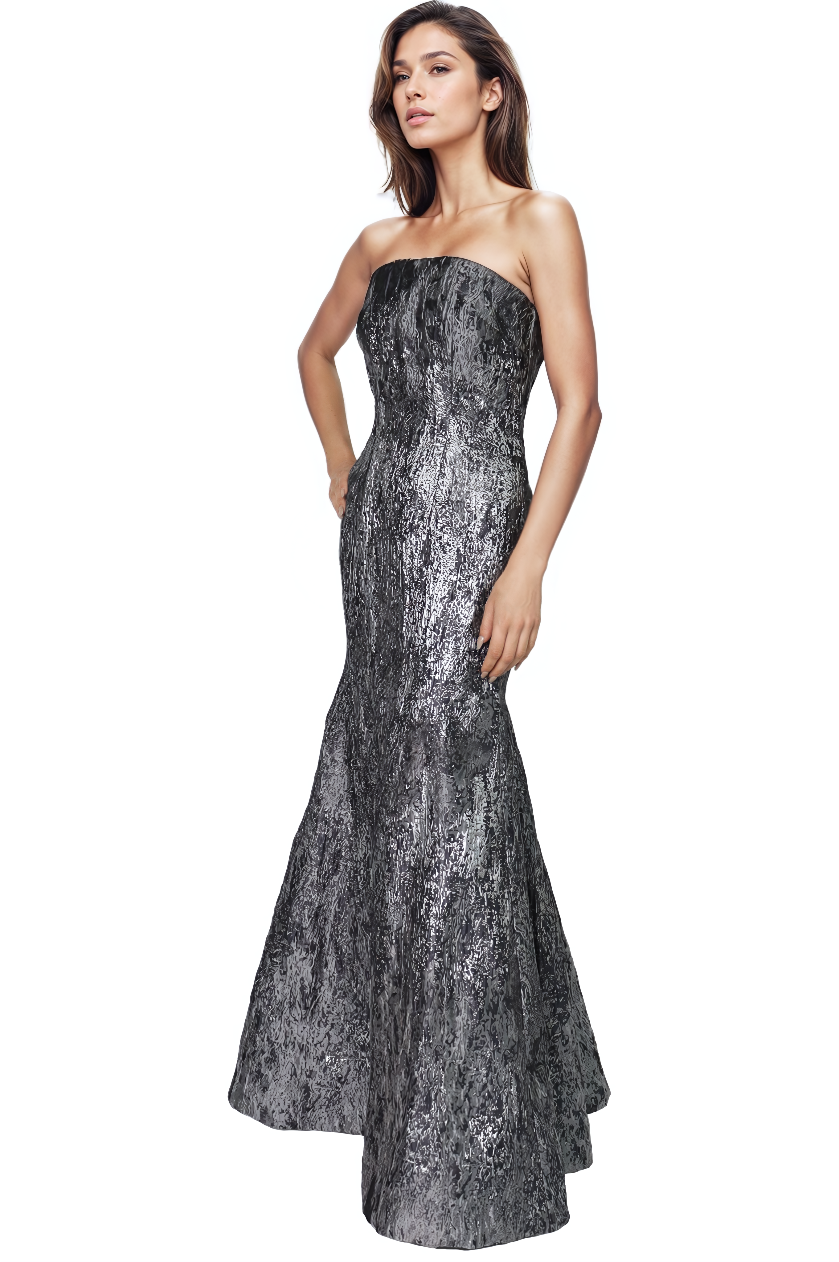 Strapless Fit And Flare Brocade Gown Gown Rene Ruiz Collection