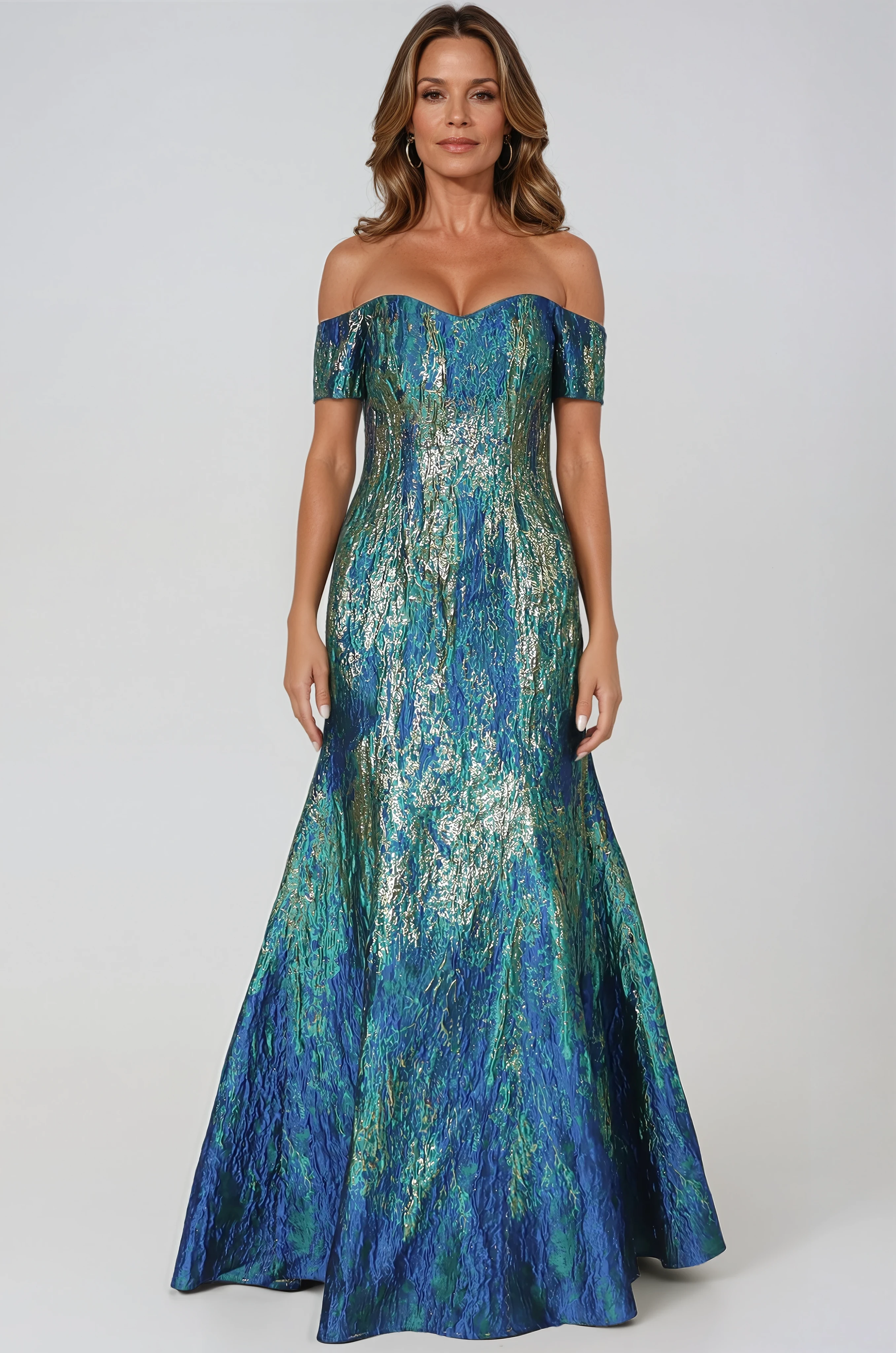 Off the Shoulder Brocade Sweetheart Fit And Flare Gown Gown Rene Ruiz Collection
