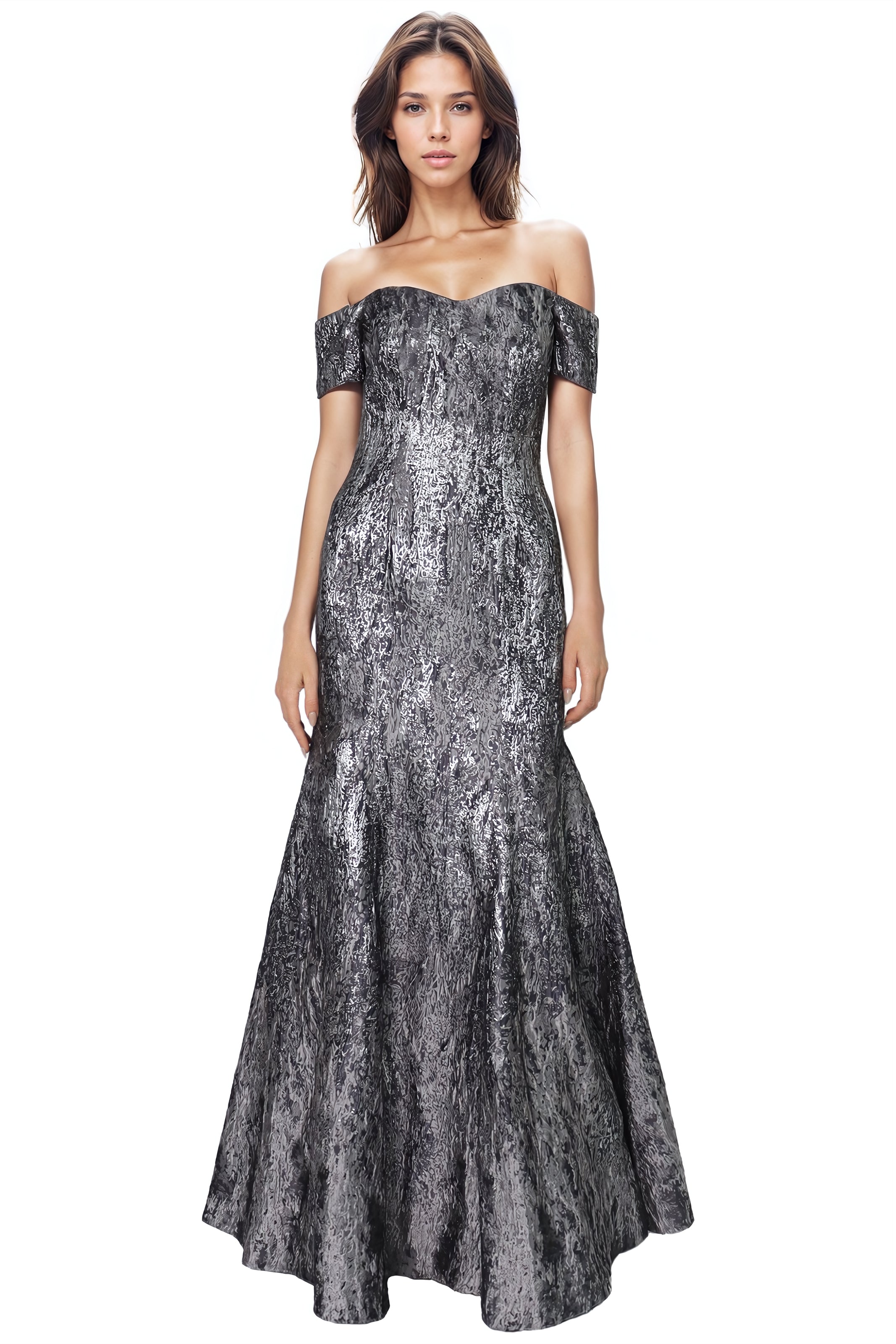 Brocade Off the Shoulder Fit And Flare Gown Gown Rene Ruiz Collection