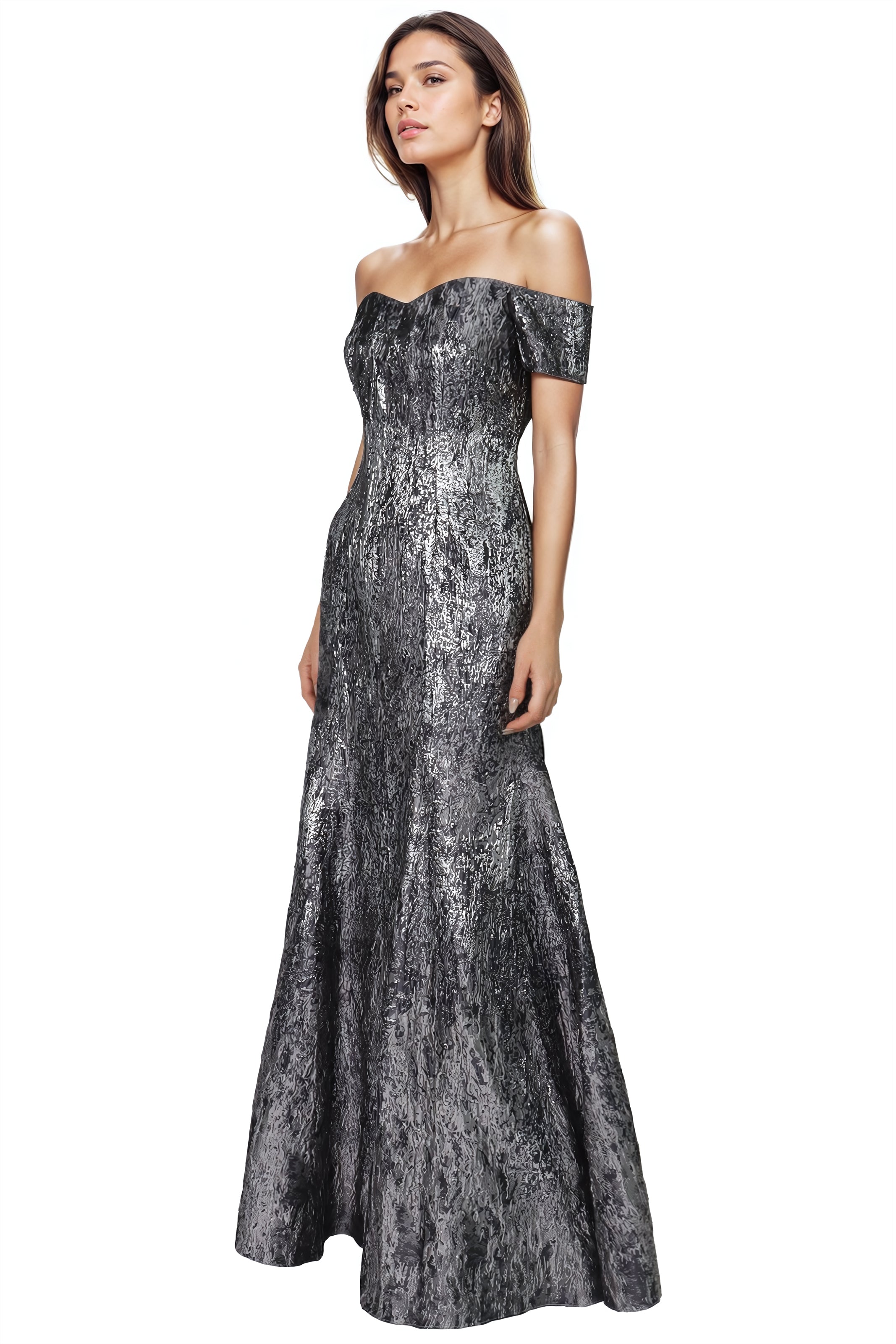 Brocade Off the Shoulder Fit And Flare Gown Gown Rene Ruiz Collection