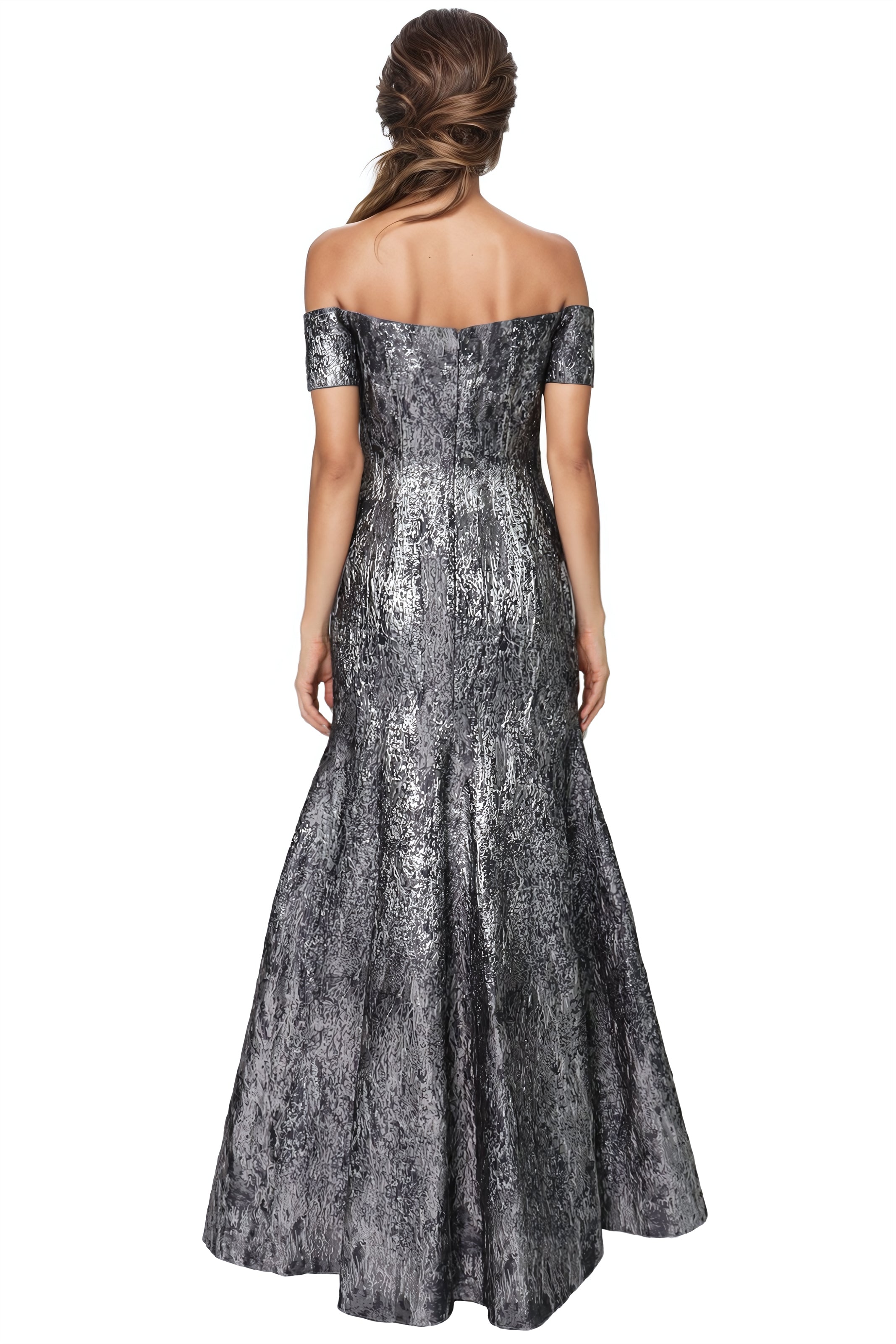 Brocade Off the Shoulder Fit And Flare Gown Gown Rene Ruiz Collection