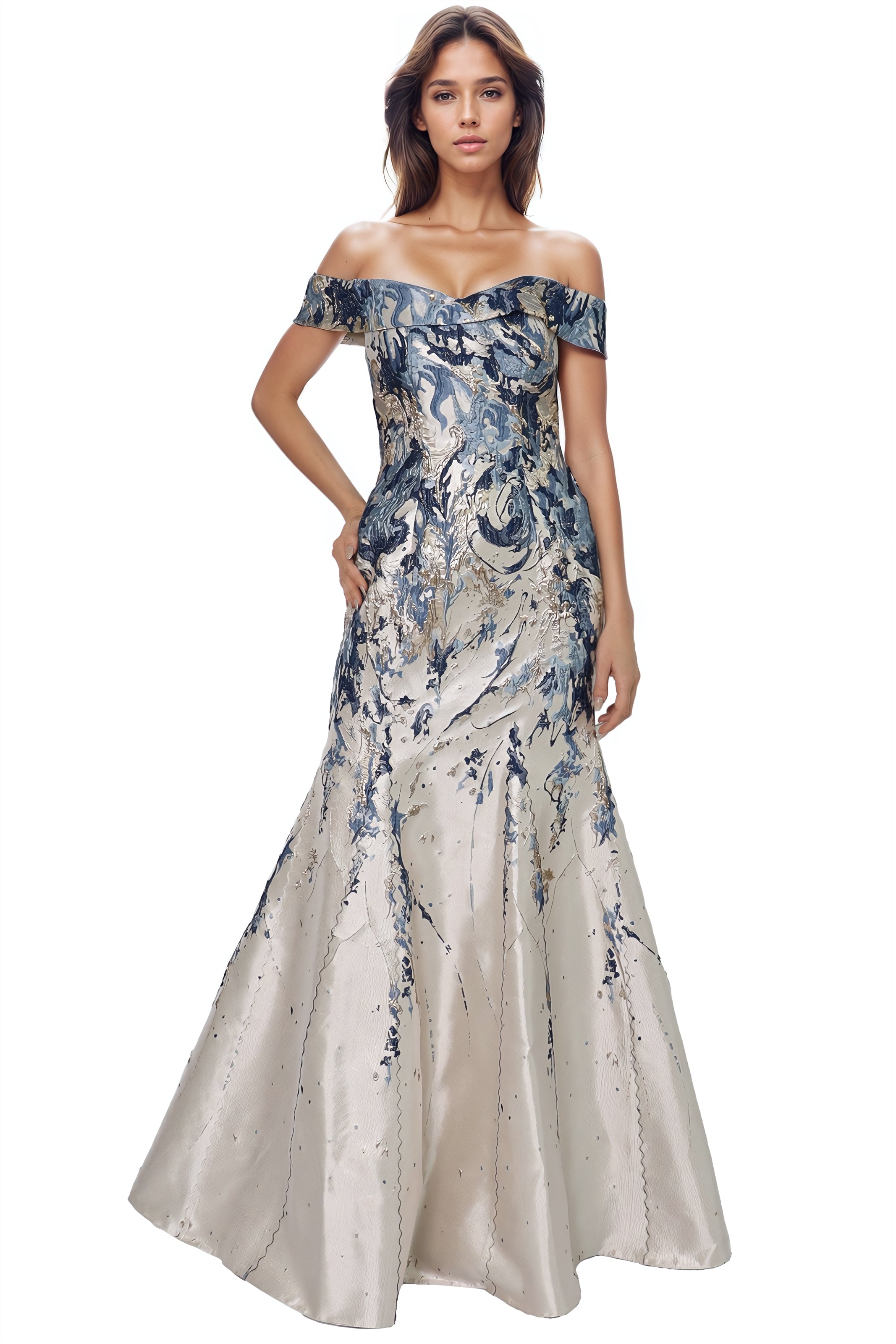 Off The Shoulder Brocade Fit and Flare Gown Gown Rene Ruiz Collection