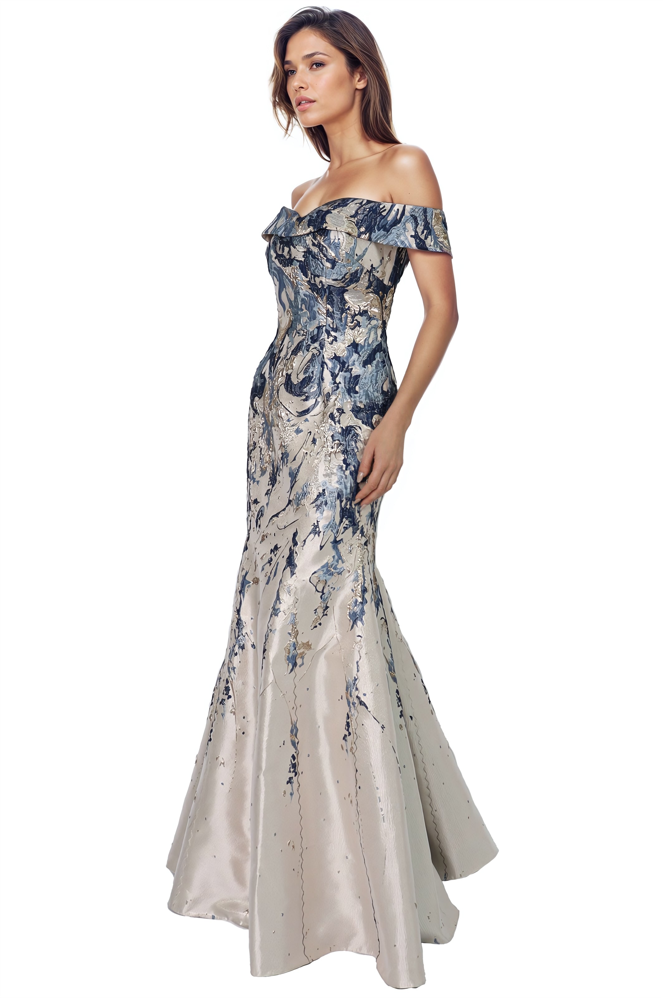Off The Shoulder Brocade Fit and Flare Gown Gown Rene Ruiz Collection