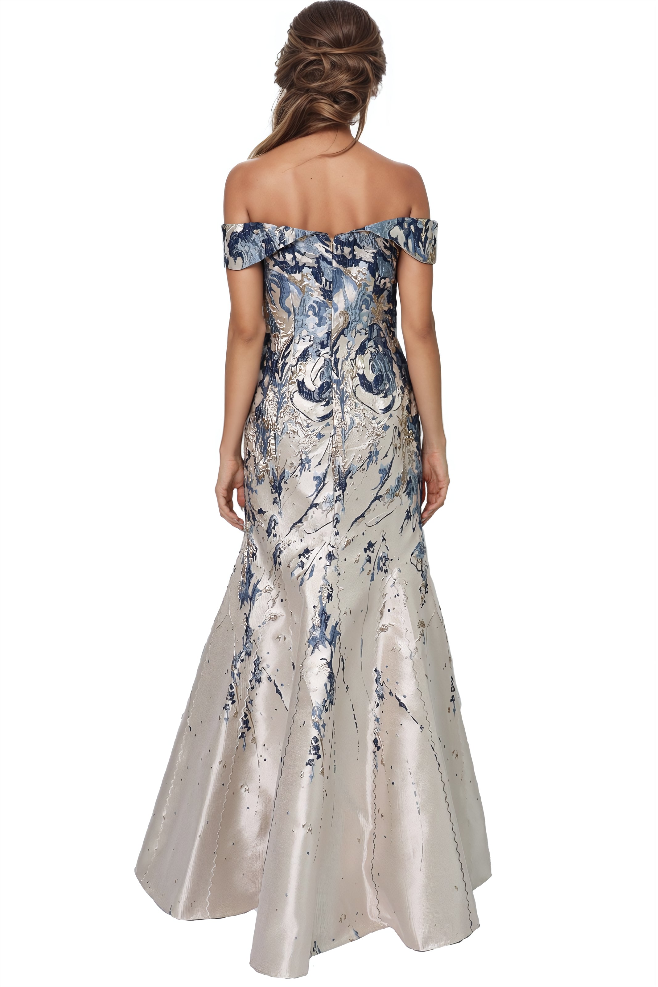 Off The Shoulder Brocade Fit and Flare Gown Gown Rene Ruiz Collection