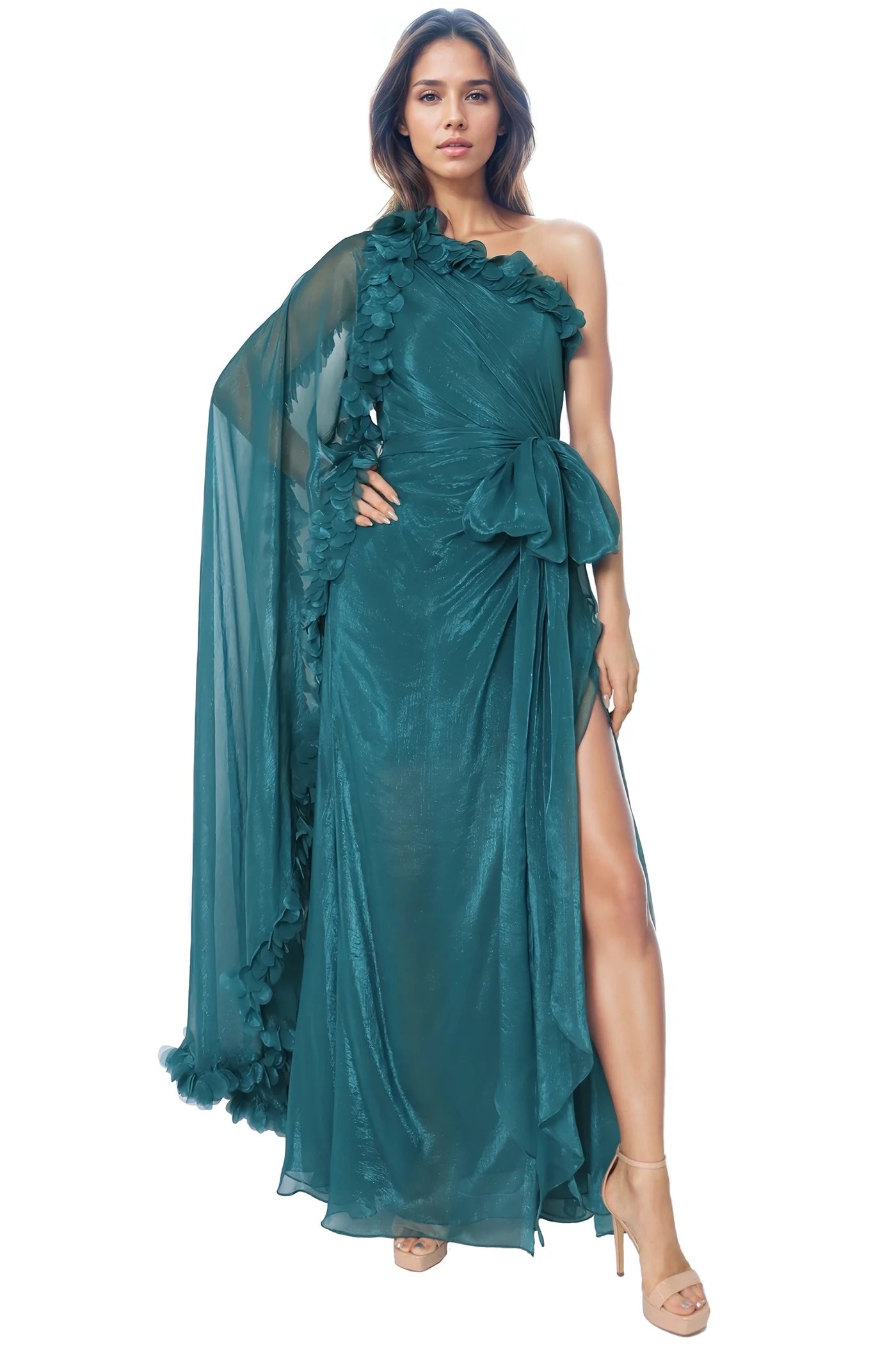 One Shoulder Chiffon Cape Sleeve Gown - 10 / Green