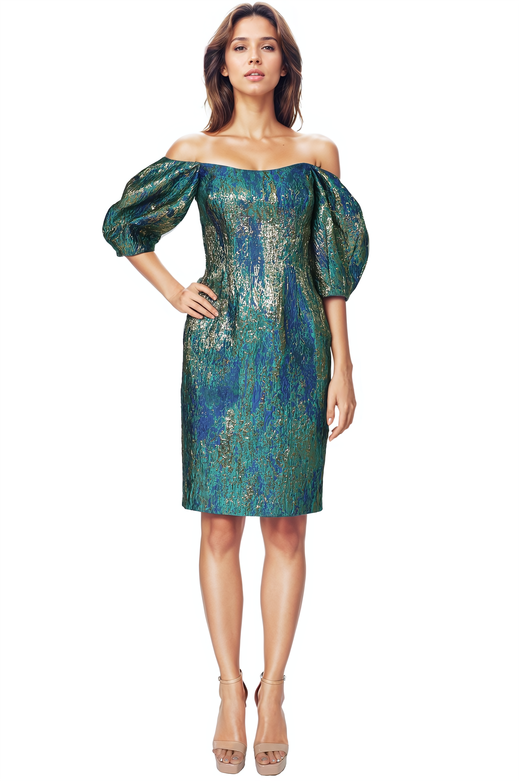 Off the Shoulder Puff Sleeve Brocade Cocktail Cocktail Rene Ruiz Collection