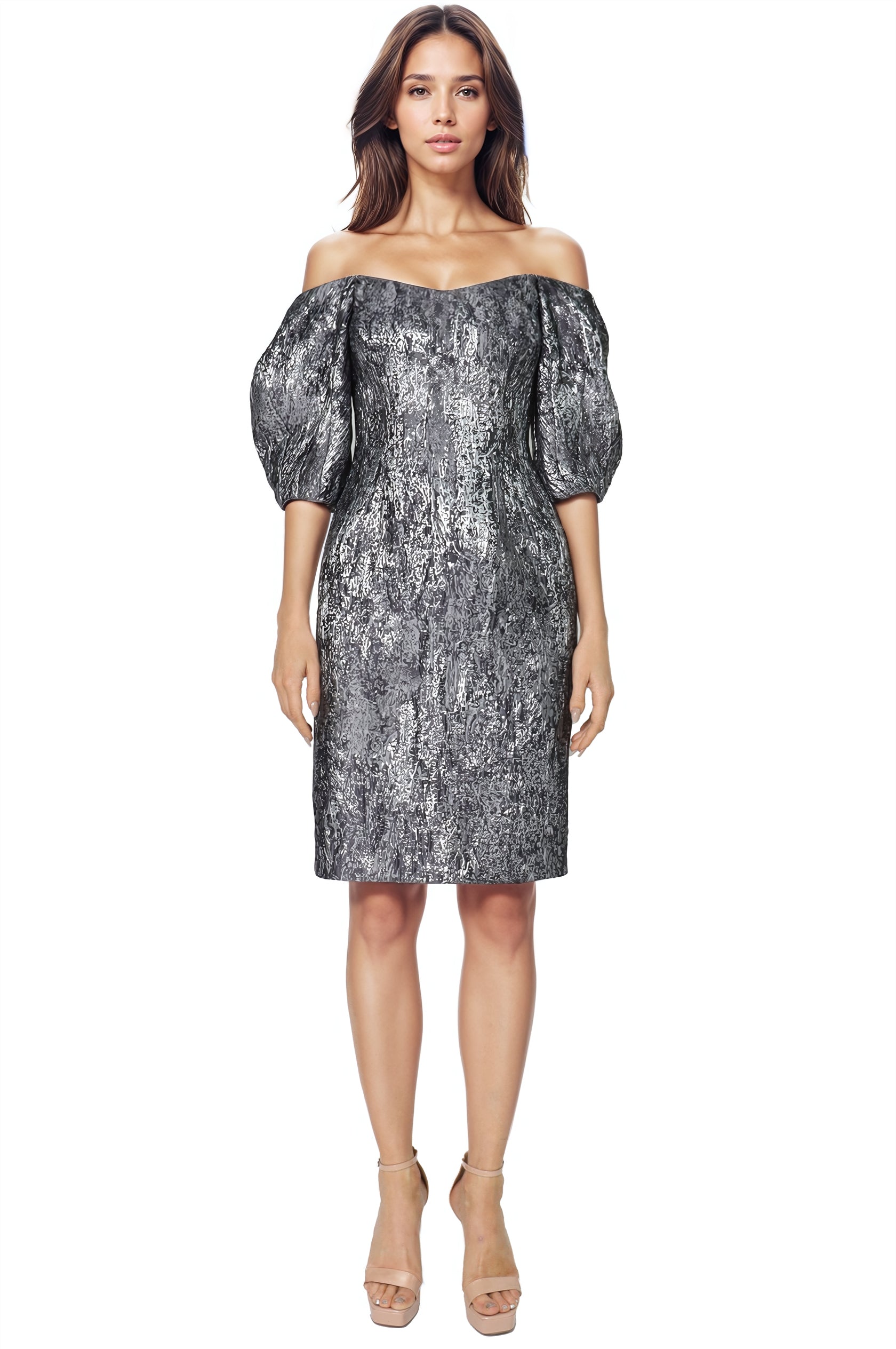 Off the Shoulder Puff Sleeve Brocade Cocktail Cocktail Rene Ruiz Collection