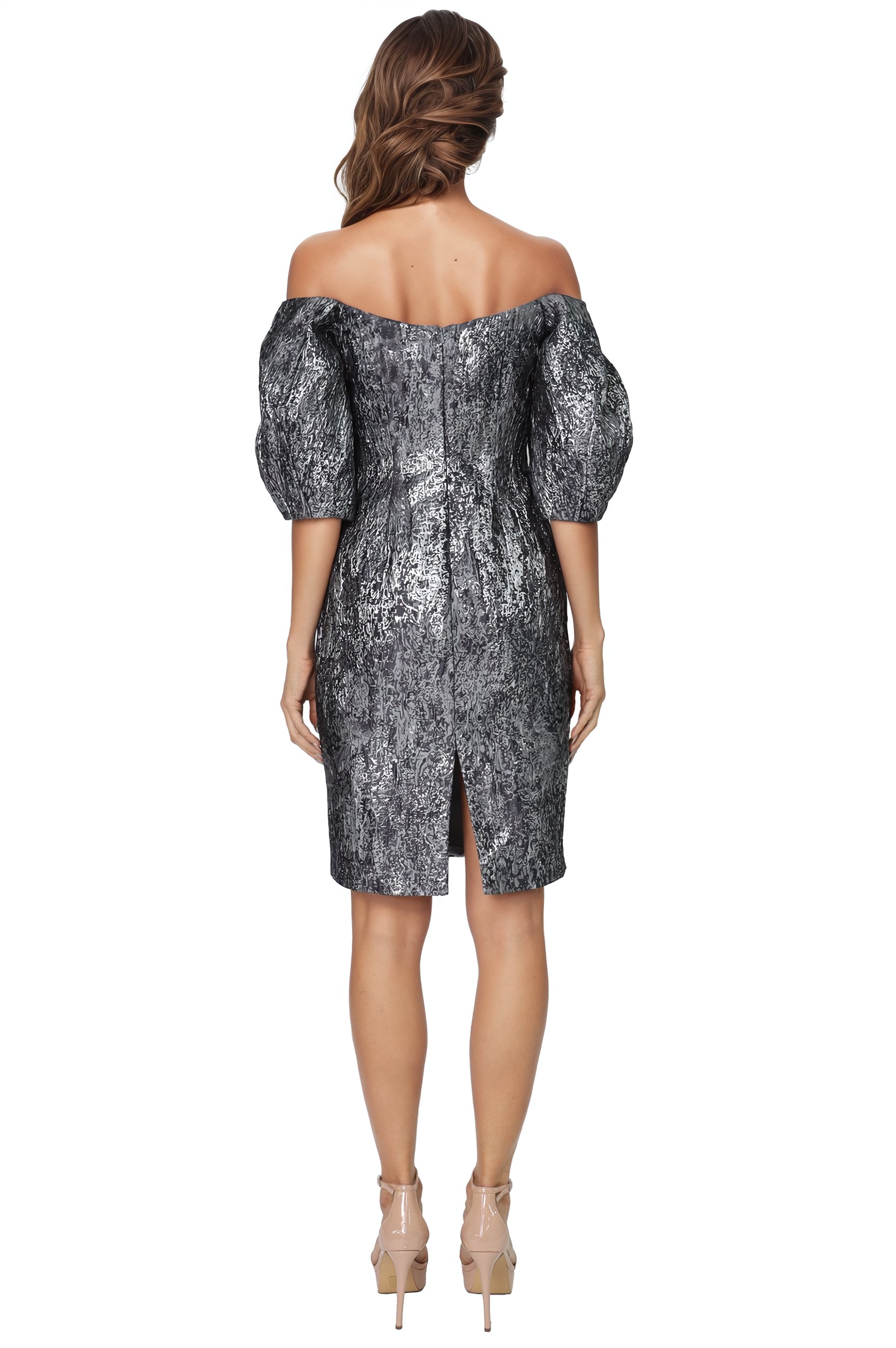 Off the Shoulder Puff Sleeve Brocade Cocktail Cocktail Rene Ruiz Collection