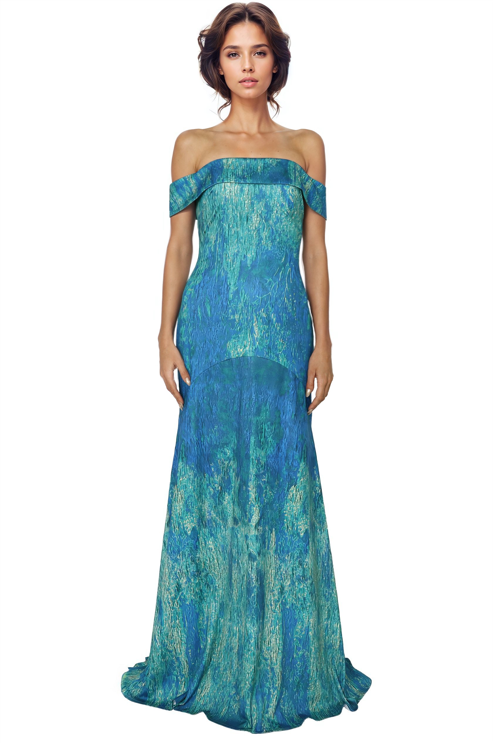 Off The Shoulder Fit and Flare Scuba Gown Gown Rene Ruiz Collection