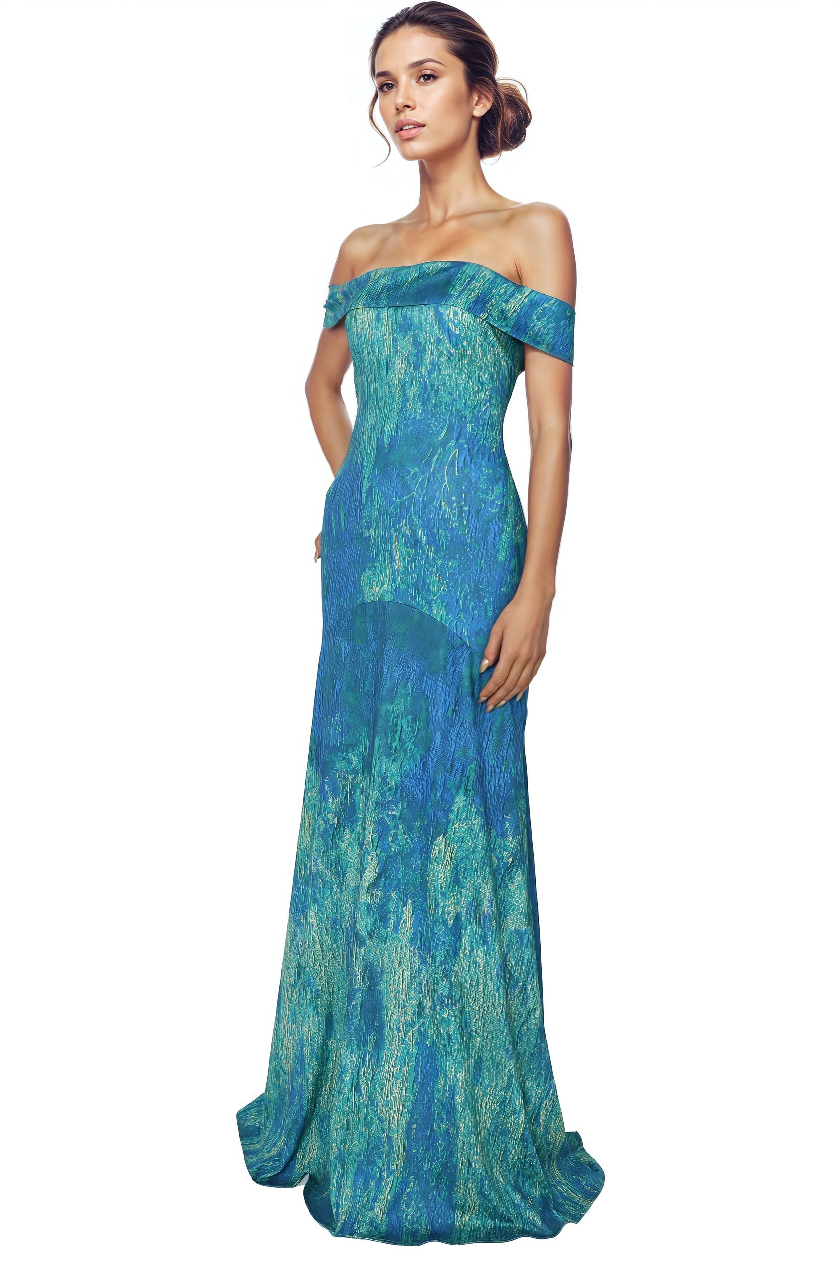 Off The Shoulder Fit and Flare Scuba Gown Gown Rene Ruiz Collection