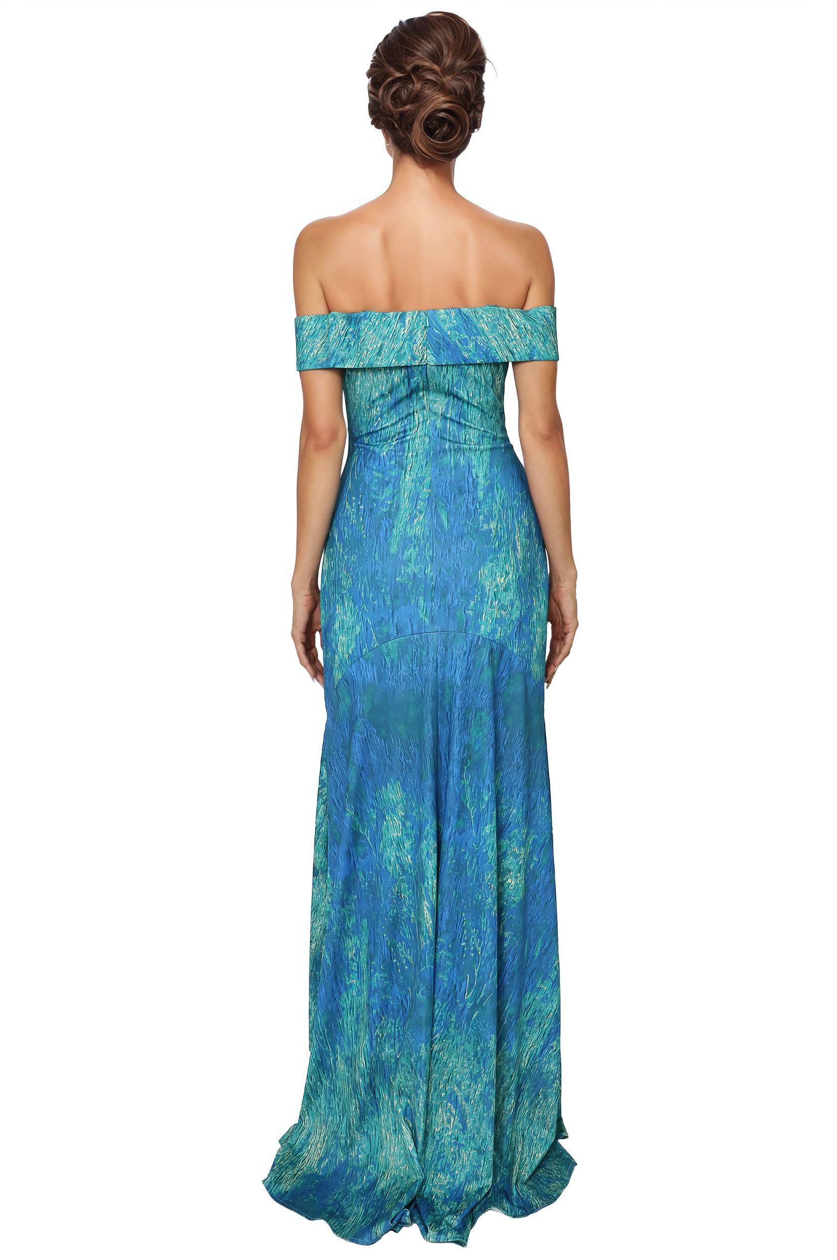 Off The Shoulder Fit and Flare Scuba Gown Gown Rene Ruiz Collection