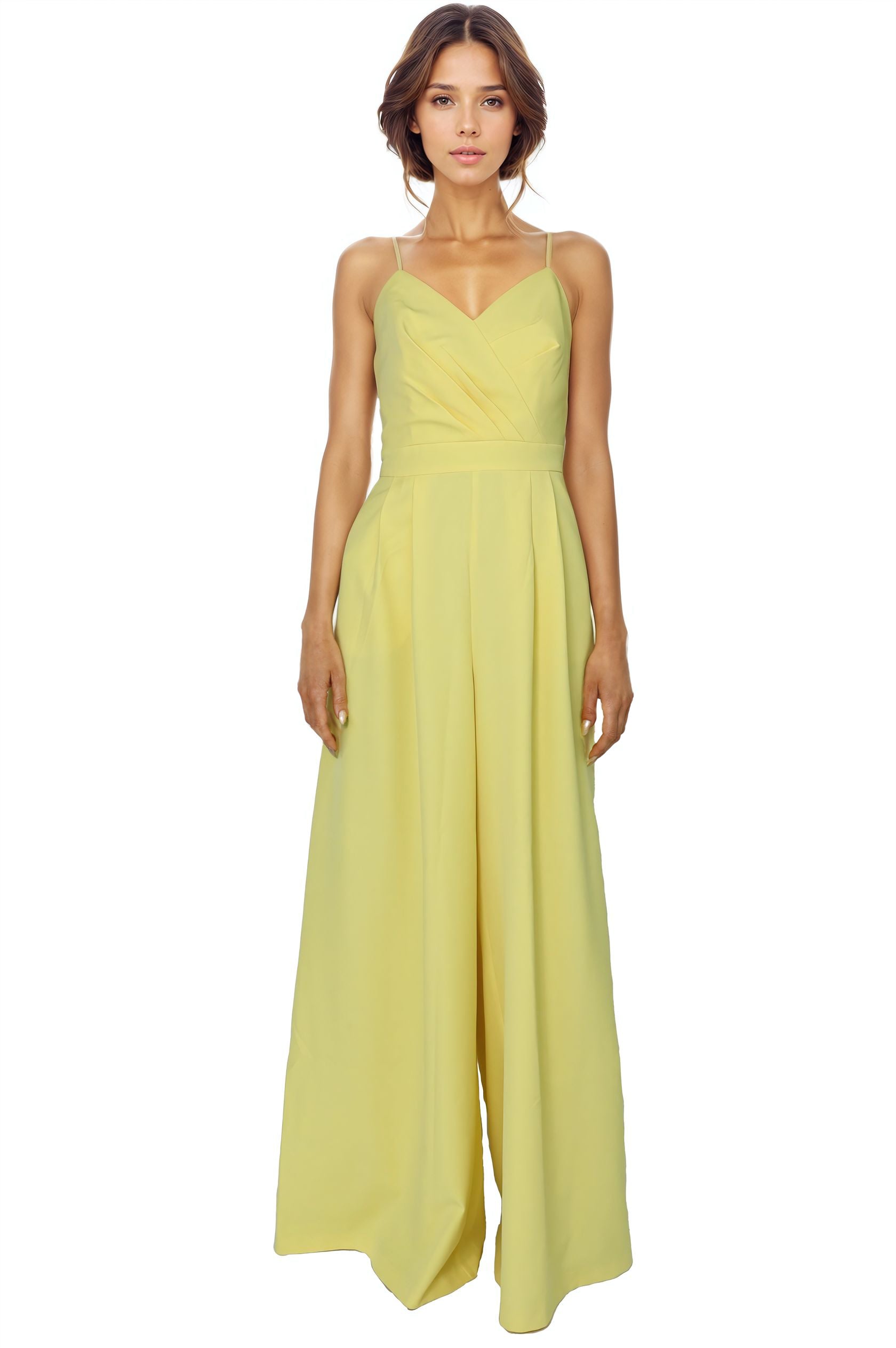 Spaghetti Strap V Neck Crepe Jumpsuit Jumpsuit Rene Ruiz Collection 0 Yellow