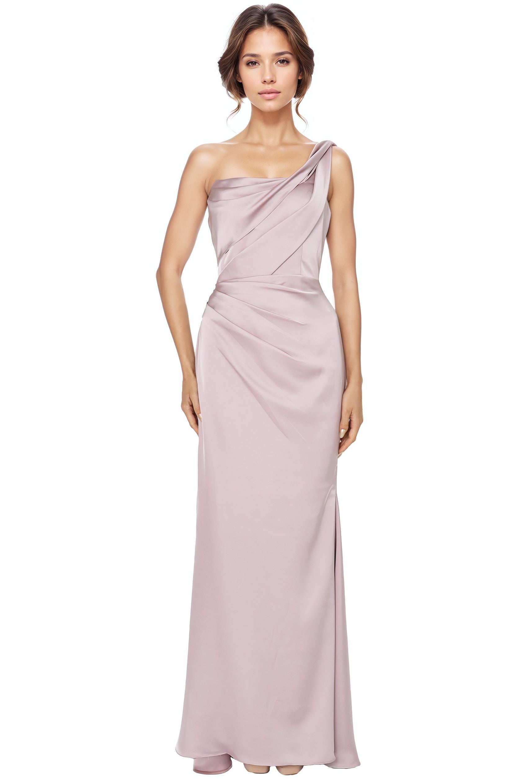 One Shoulder Satin Faille Draped Gown Gown Rene Ruiz Collection 2 Pink