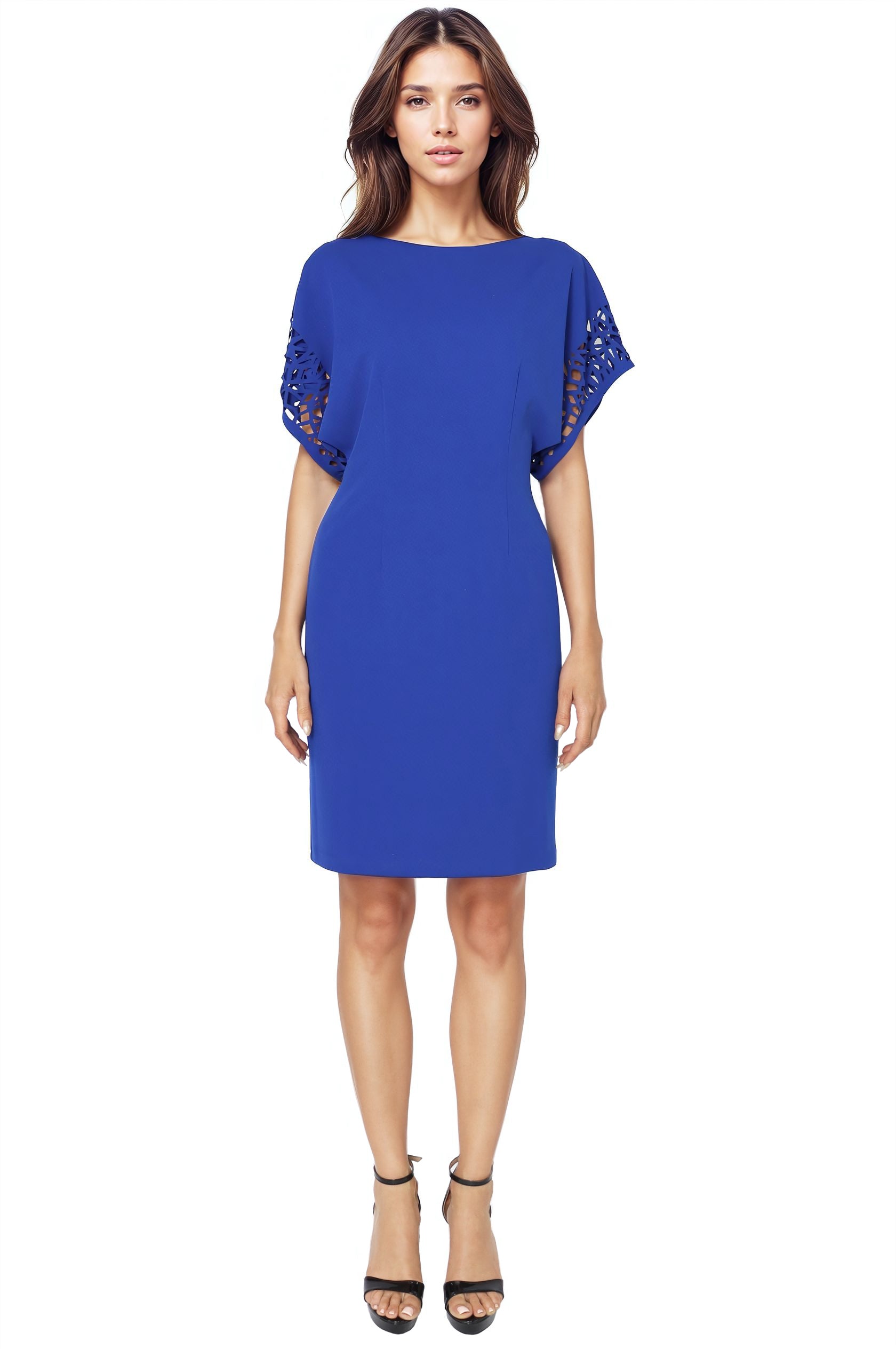 Boat Neck Laser Cut Bat Sleeves Crepe Cocktail Cocktail Rene Ruiz Collection