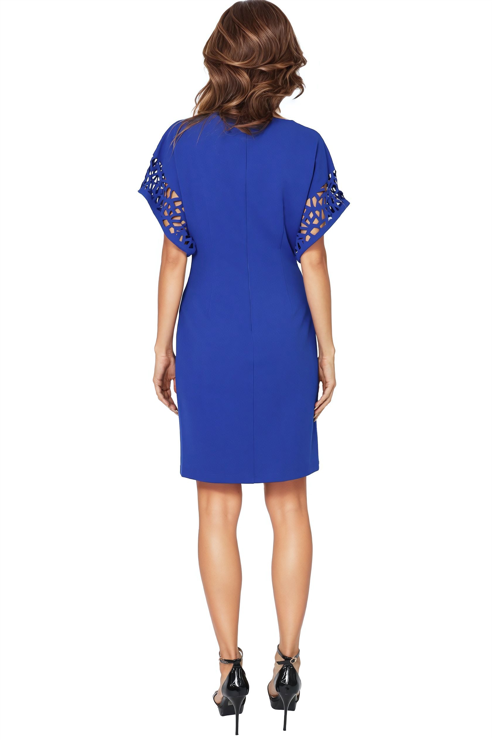 Boat Neck Laser Cut Bat Sleeves Crepe Cocktail Cocktail Rene Ruiz Collection