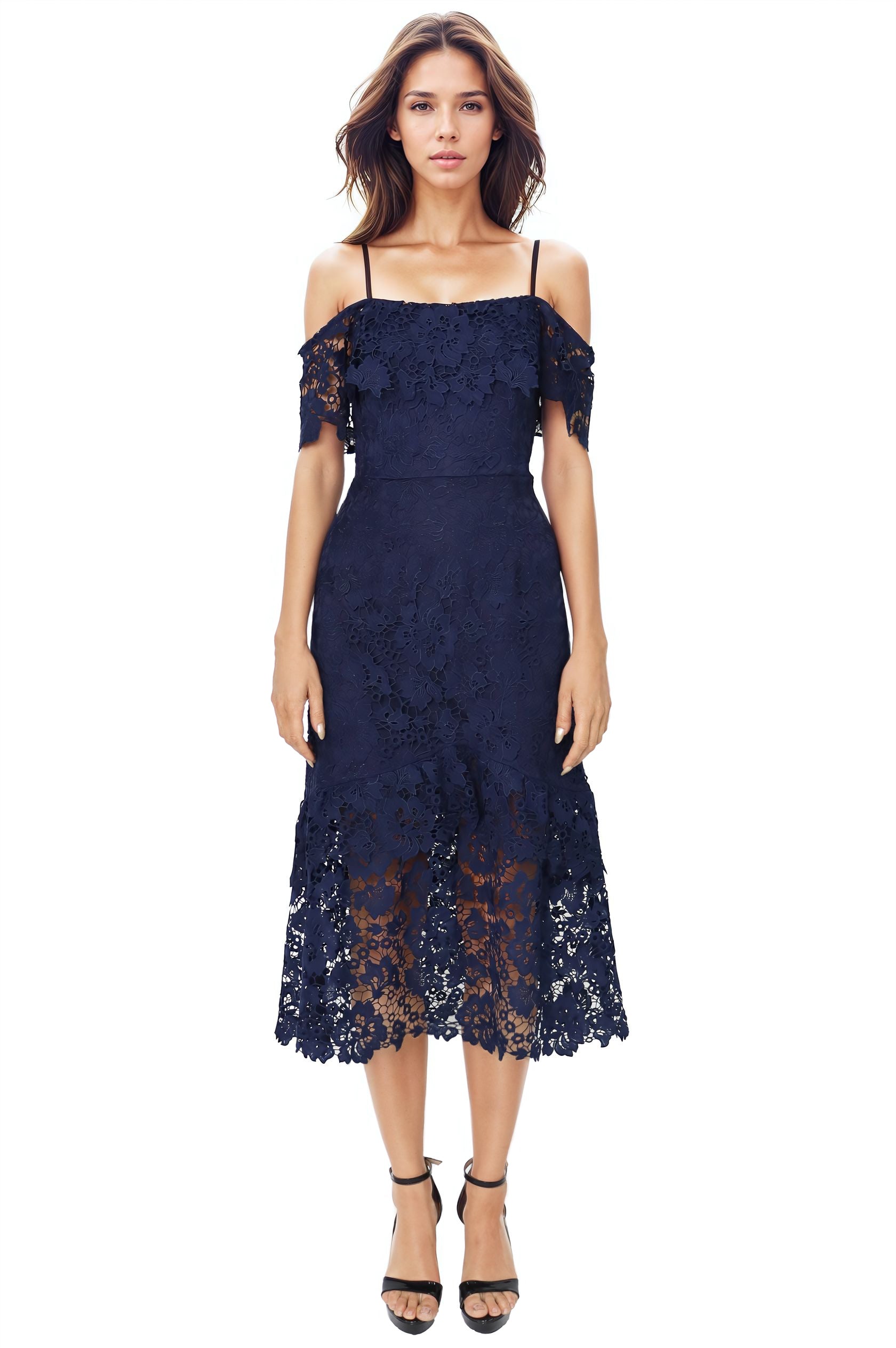 Off The Shoulder Lace Tiered Midi Cocktail Rene Ruiz Collection 2 Blue