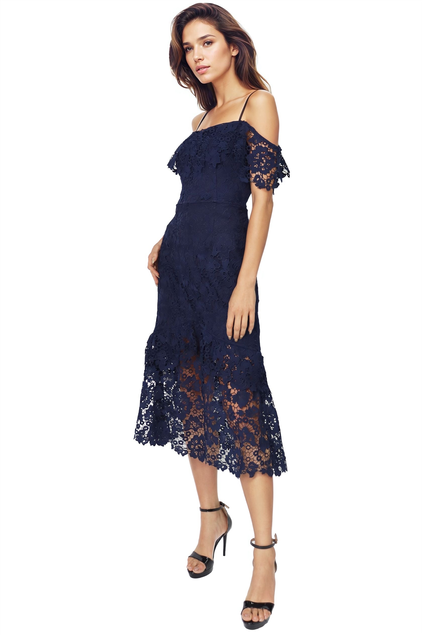 Off The Shoulder Lace Tiered Midi Cocktail Rene Ruiz Collection
