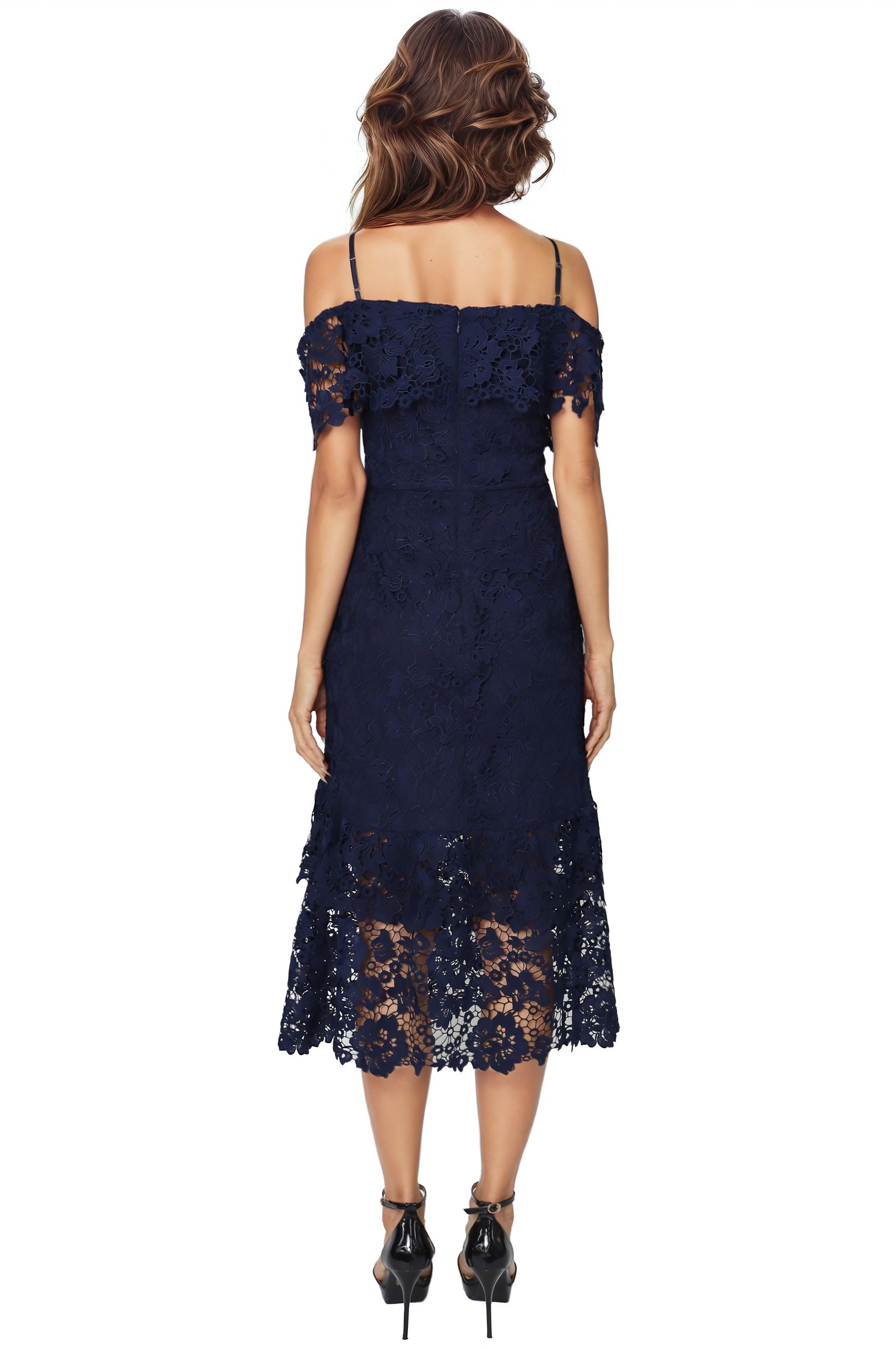 Off The Shoulder Lace Tiered Midi Cocktail Rene Ruiz Collection