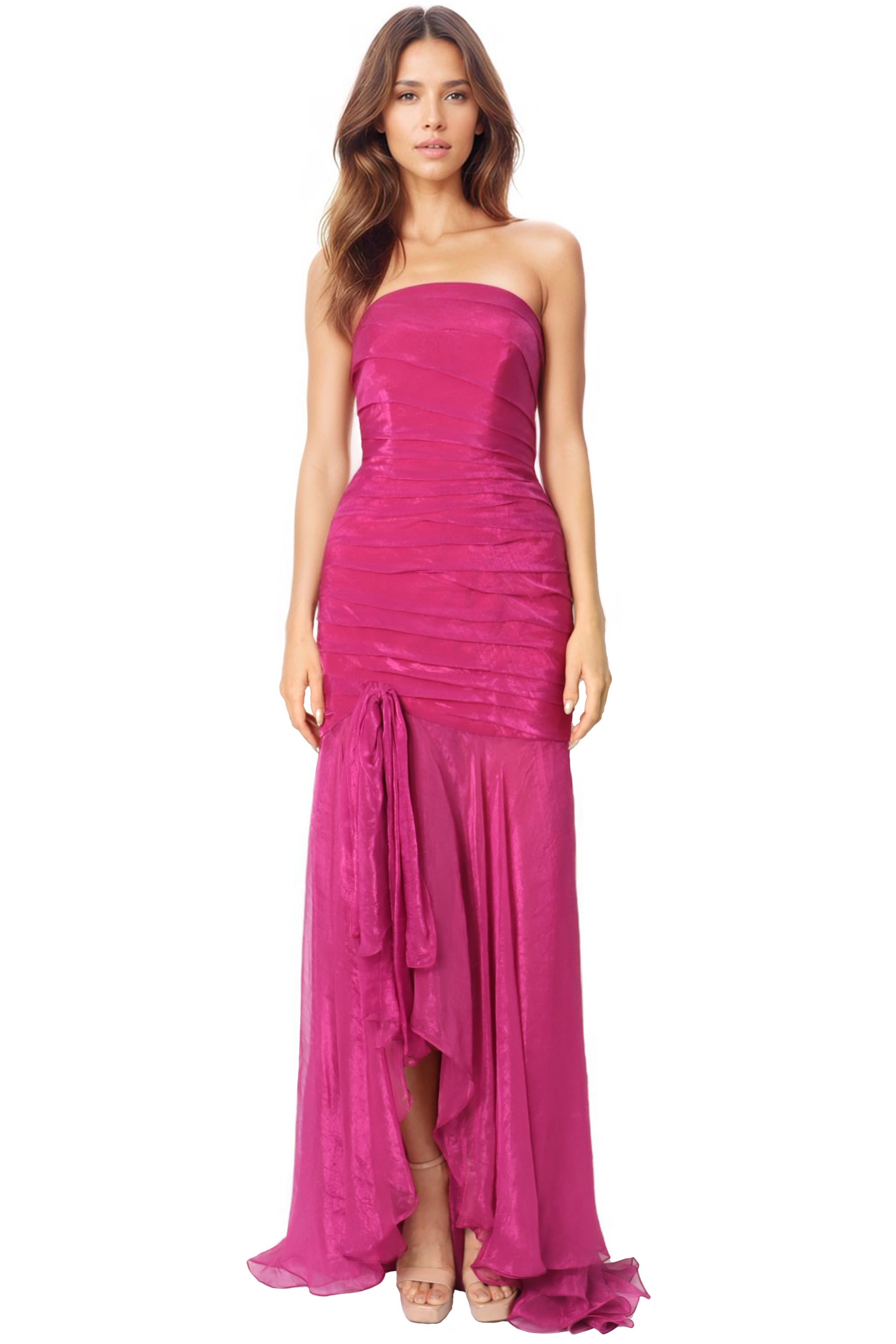 Strapless Pleated High Low Gown Gown Rene Ruiz Collection