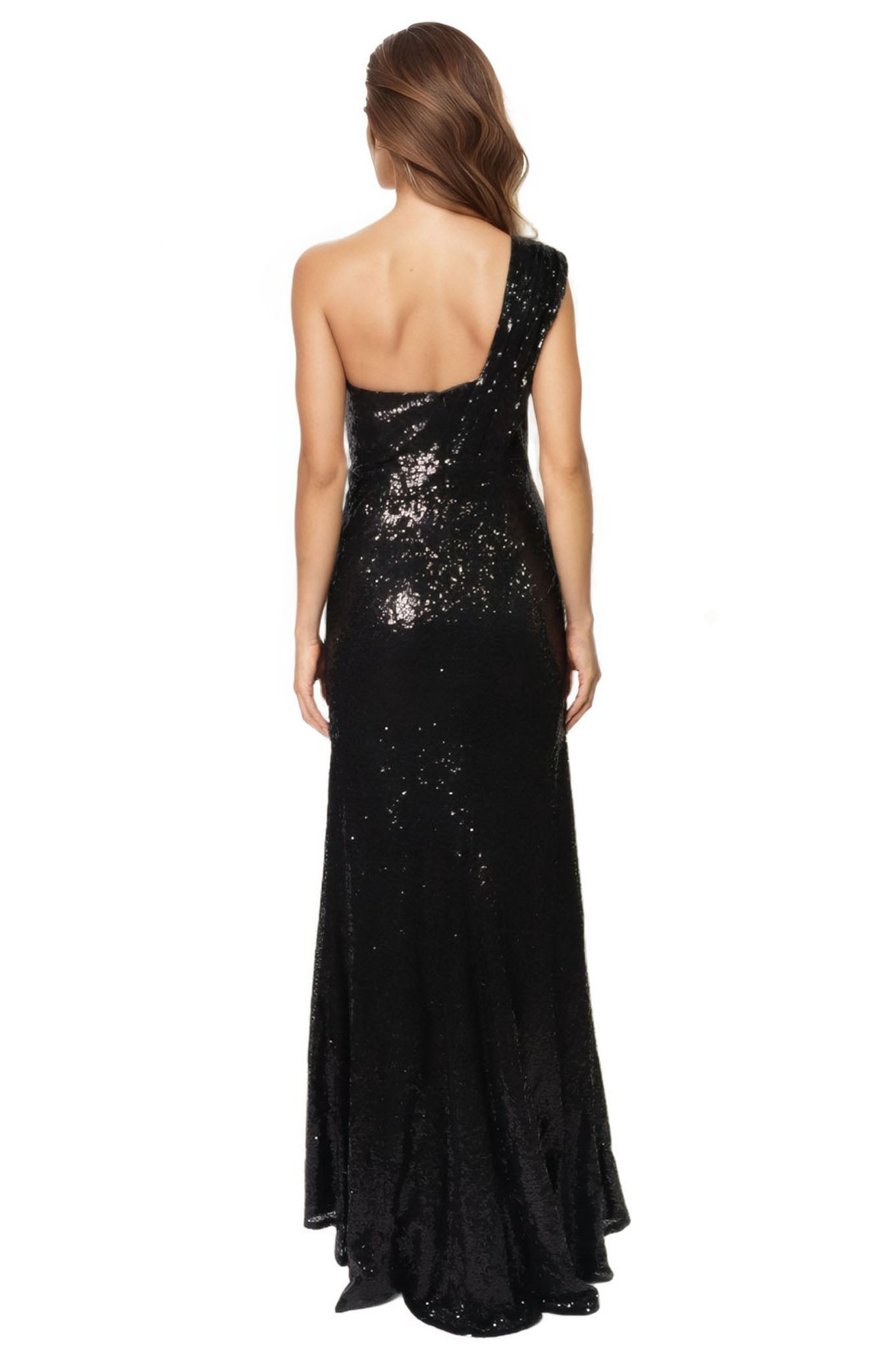Asymmetric One Shoulder Sweetheart Sequin Gown Gown Rene Ruiz Collection