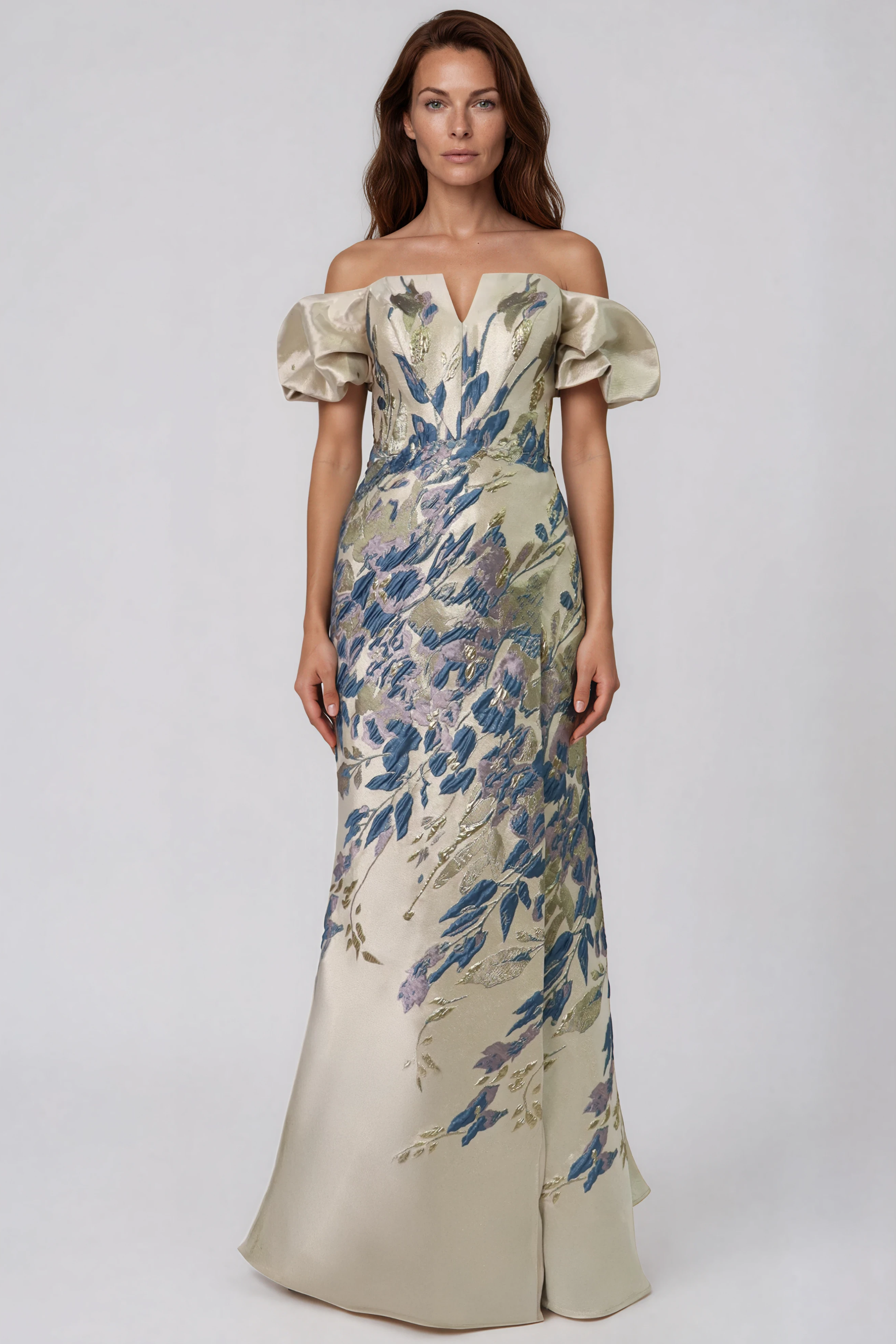 Off The Shoulder Puff Sleeve Fit And Flare Gown