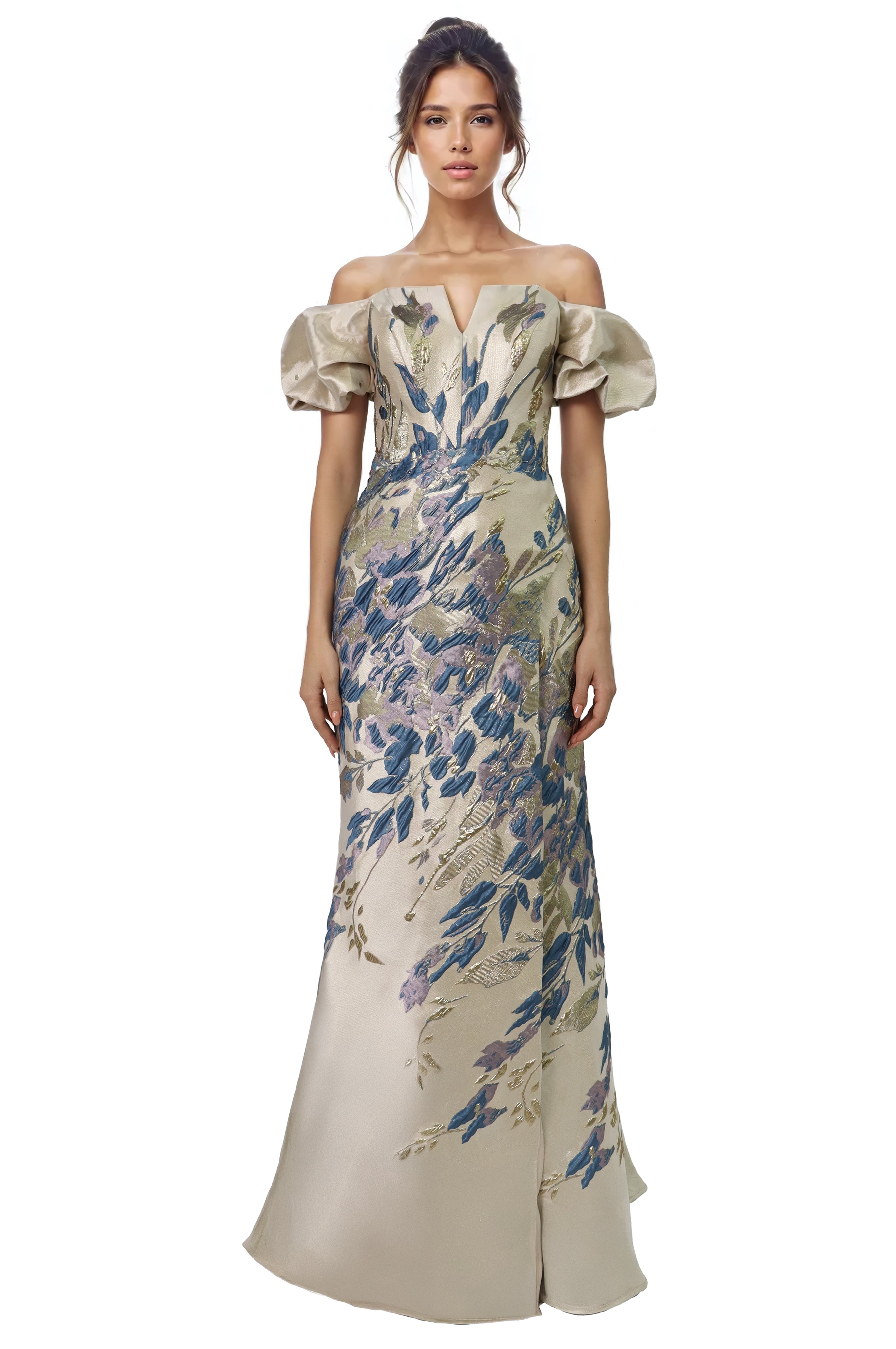 Off The Shoulder Puff Sleeve Fit And Flare Gown Gown Rene Ruiz Collection
